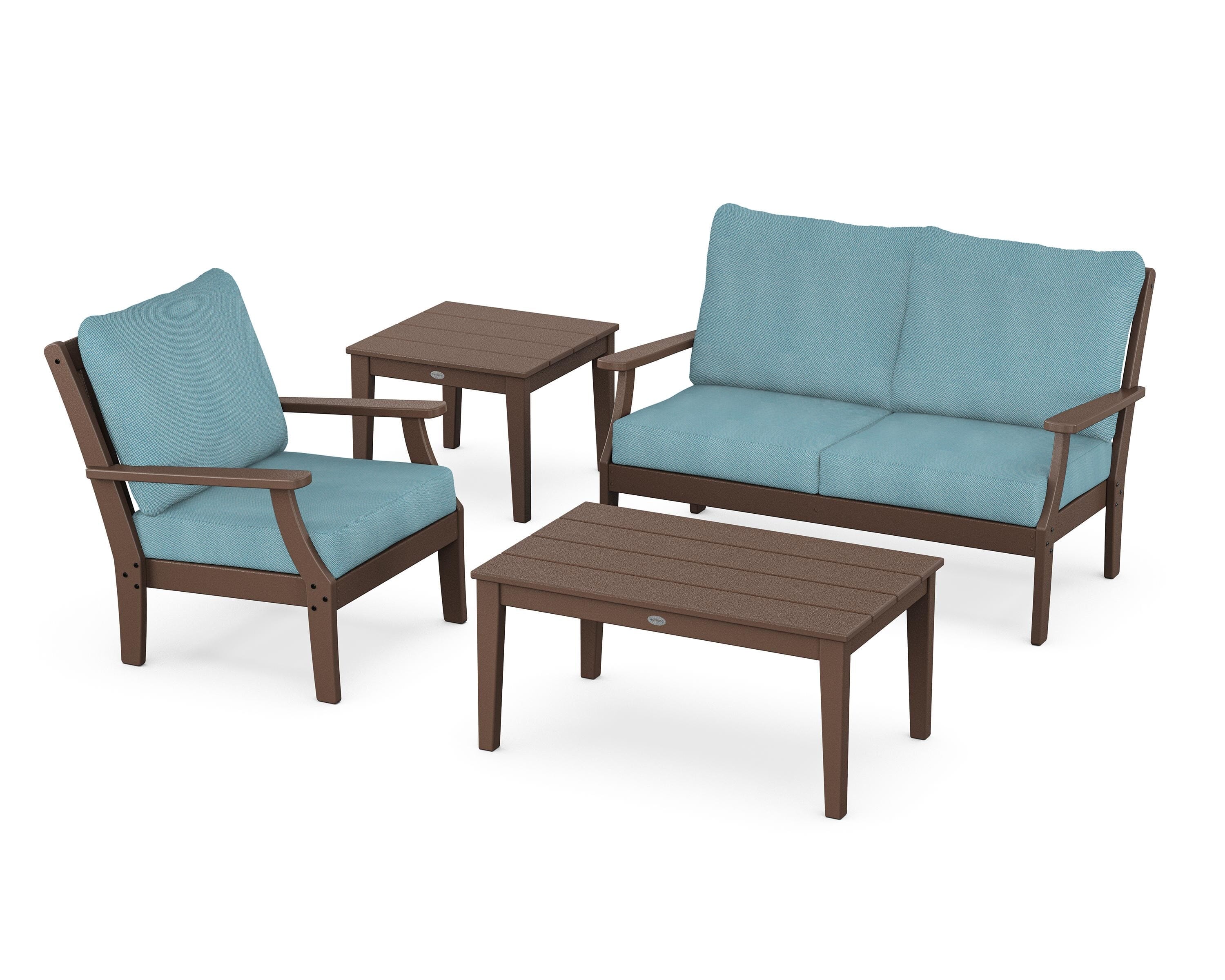 POLYWOOD Braxton 4-Piece Deep Seating Set in Mahogany / Lattice Sky Blue