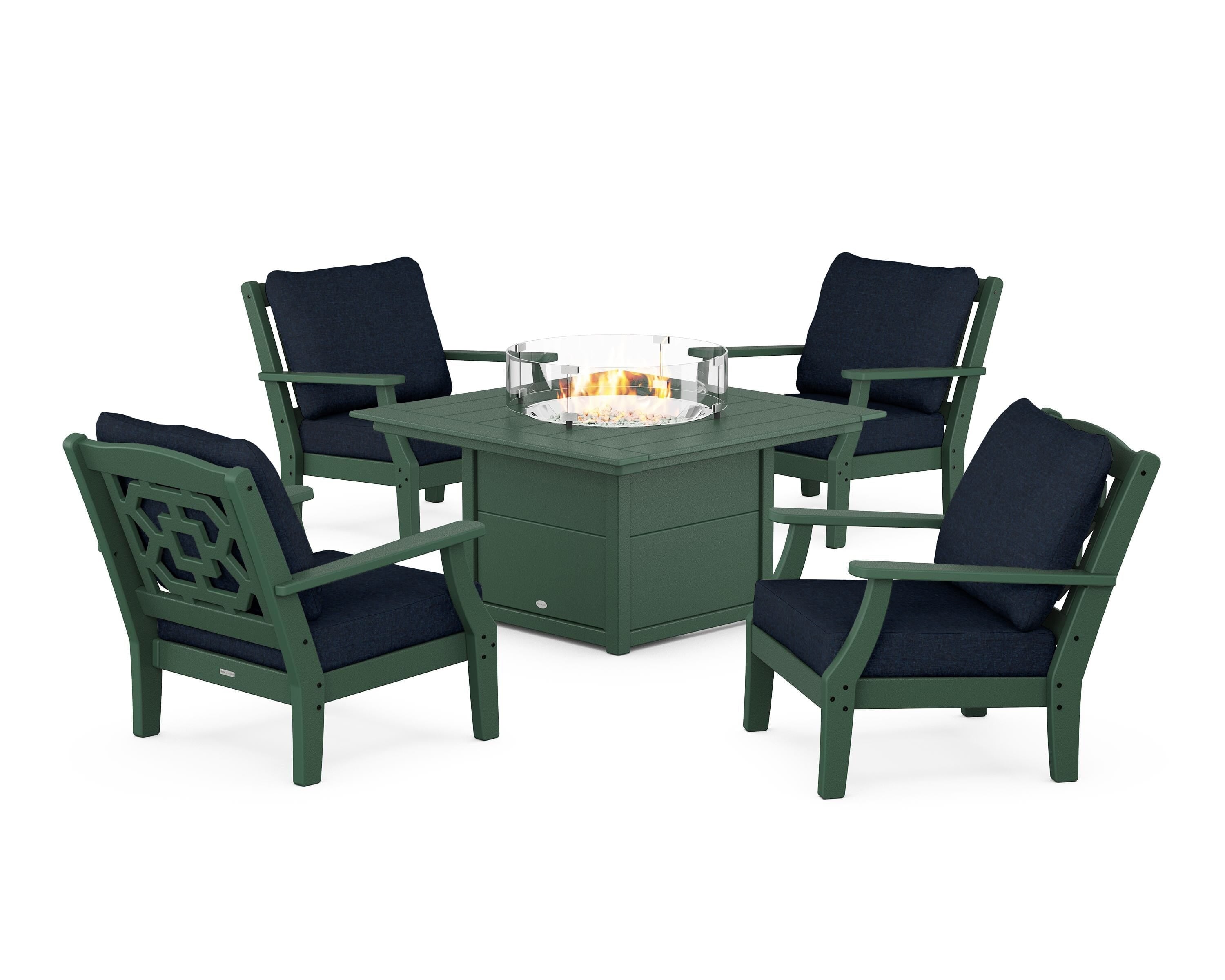 Martha Stewart by POLYWOOD Chinoiserie 5-Piece Deep Seating Set with Fire Pit Table in Green / Marine Indigo