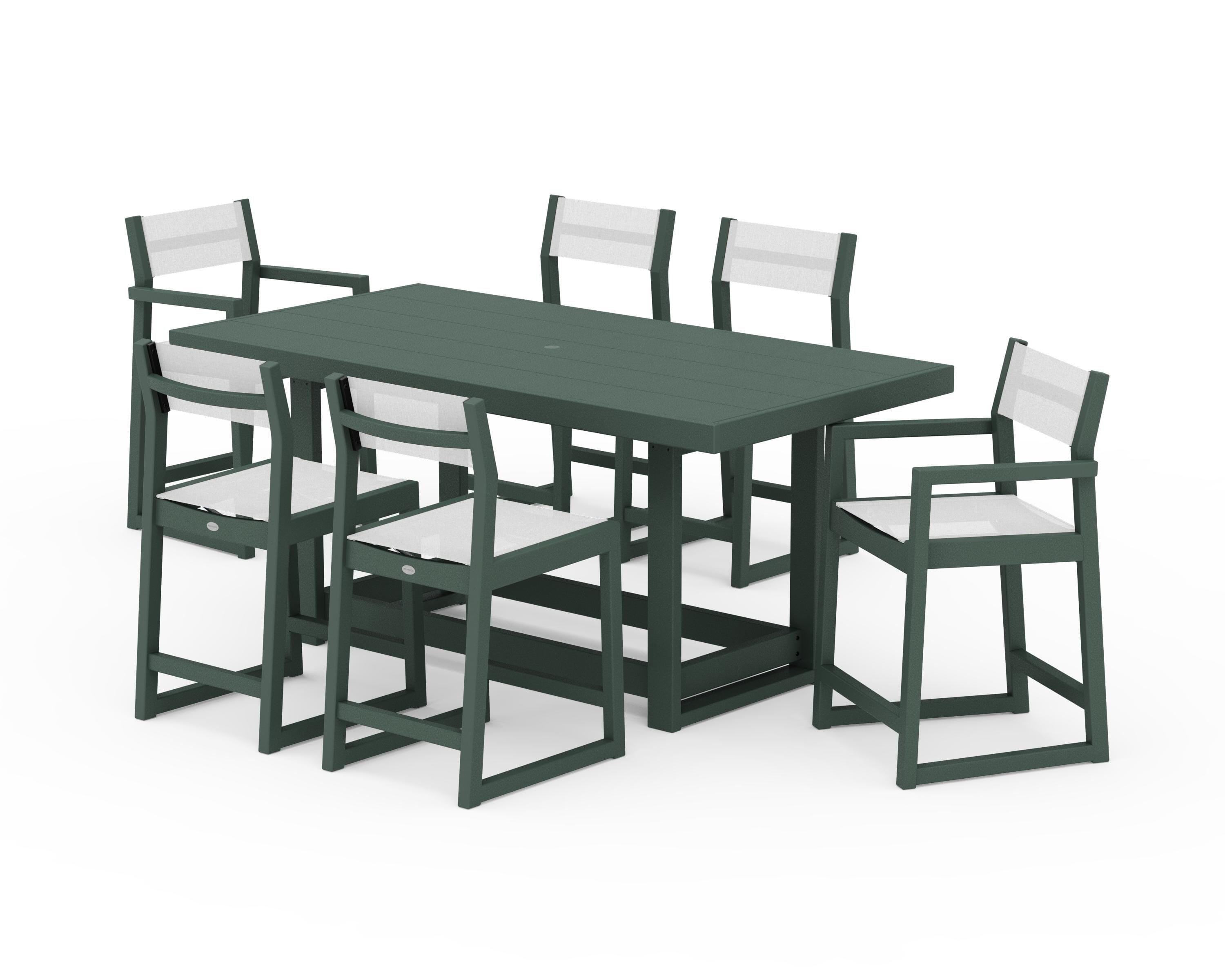 POLYWOOD EDGE Sling 7-Piece Counter Table Set in Green / White Sling