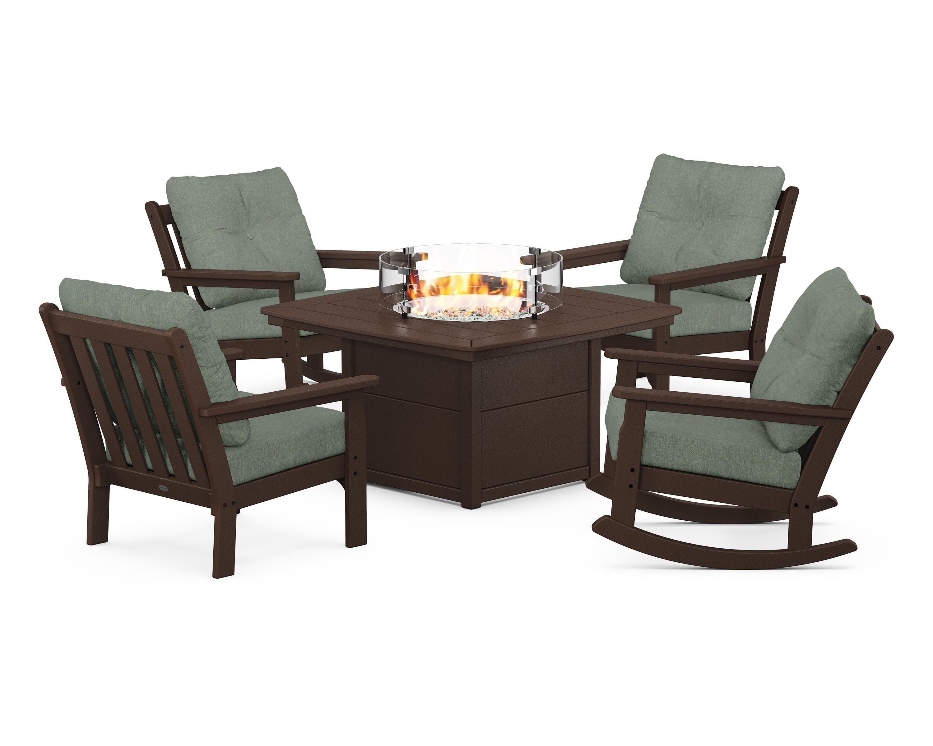 POLYWOOD Vineyard 5-Piece Deep Seating Rocking Chair Conversation Set with Fire Pit Table in Mahogany / Cast Sage