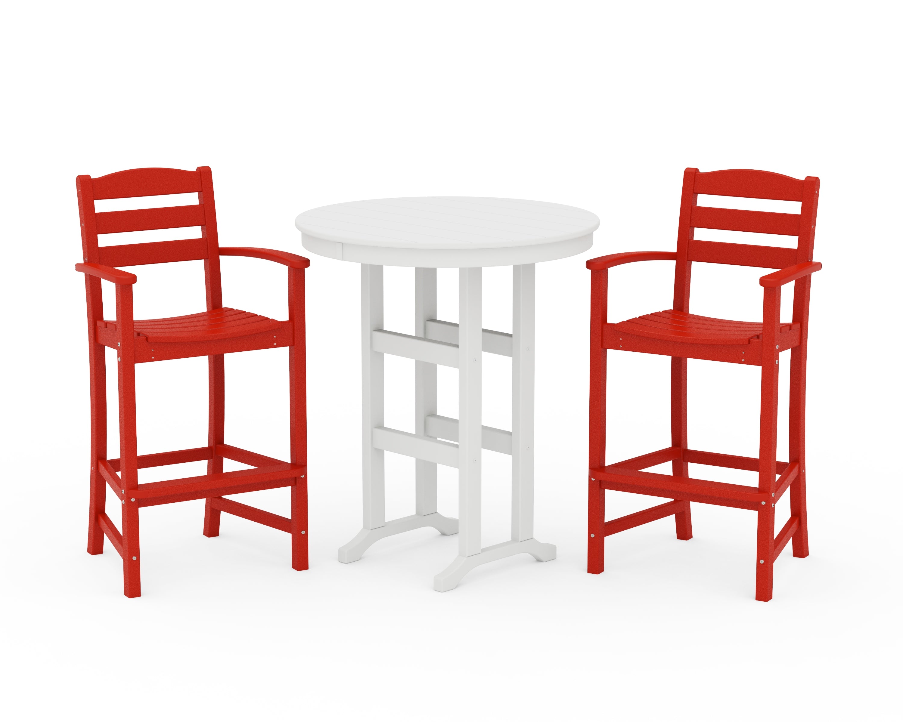 POLYWOOD La Casa Café 3-Piece Round Farmhouse Bar Set in Sunset Red / White