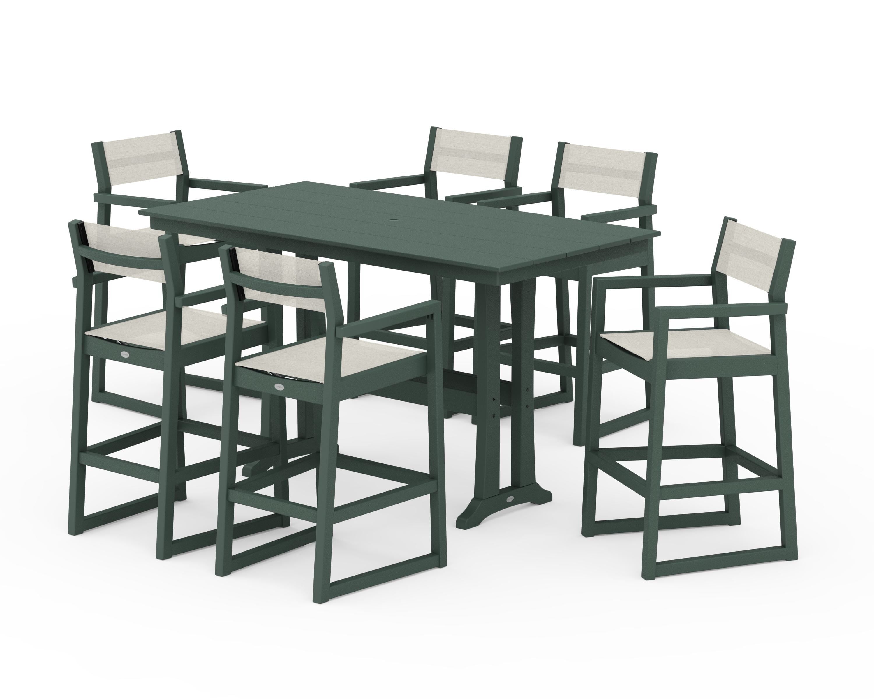 POLYWOOD EDGE Sling Arm Chair 7-Piece Farmhouse Bar Set with Trestle Legs in Green / Parchment Sling