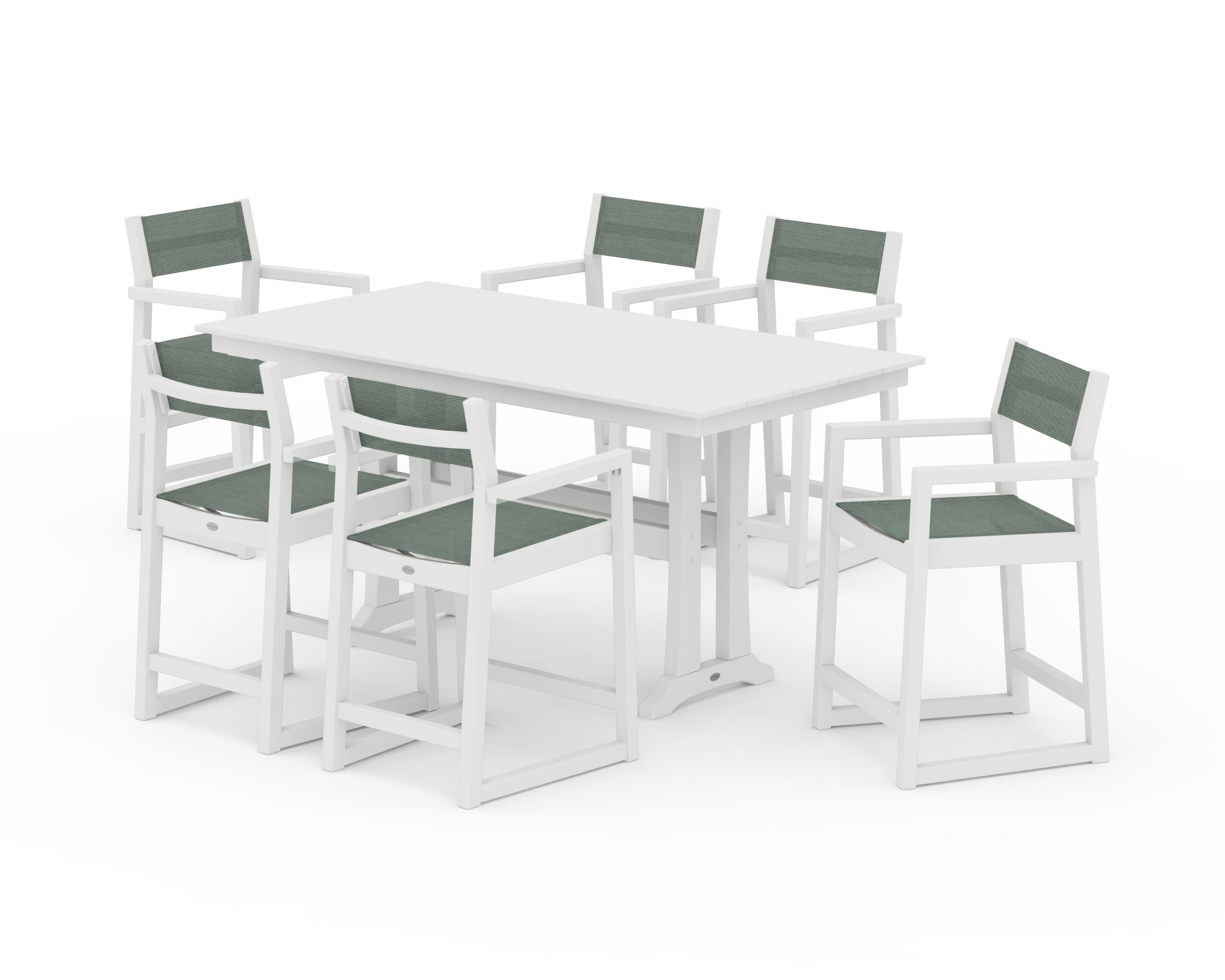 POLYWOOD EDGE Sling Arm Chair 7-Piece Farmhouse Counter Set with Trestle Legs in White / Dupioni Sea Mist Sling