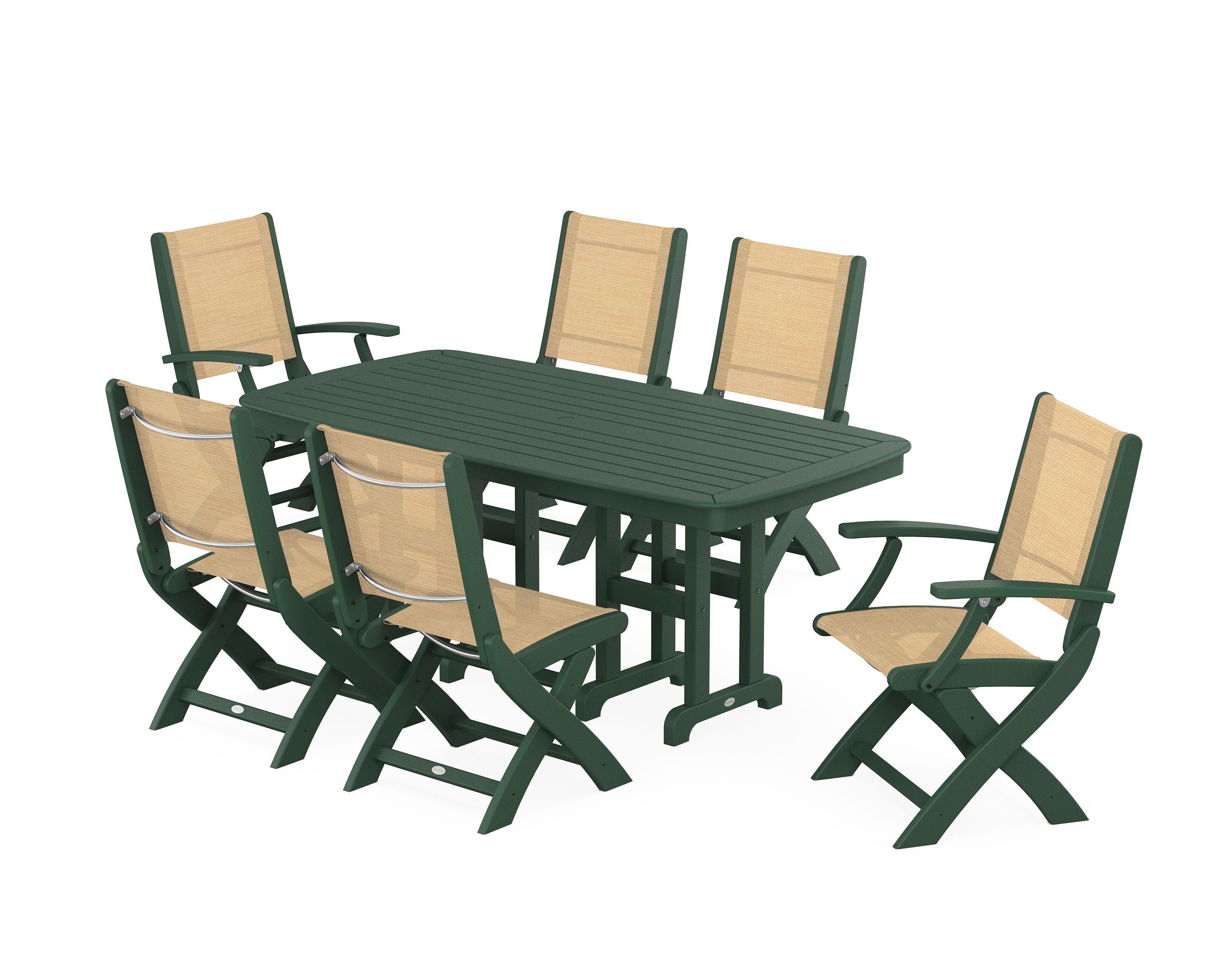 POLYWOOD Coastal Folding Chair 7-Piece Dining Set in Green / Dupioni Apricot Sling