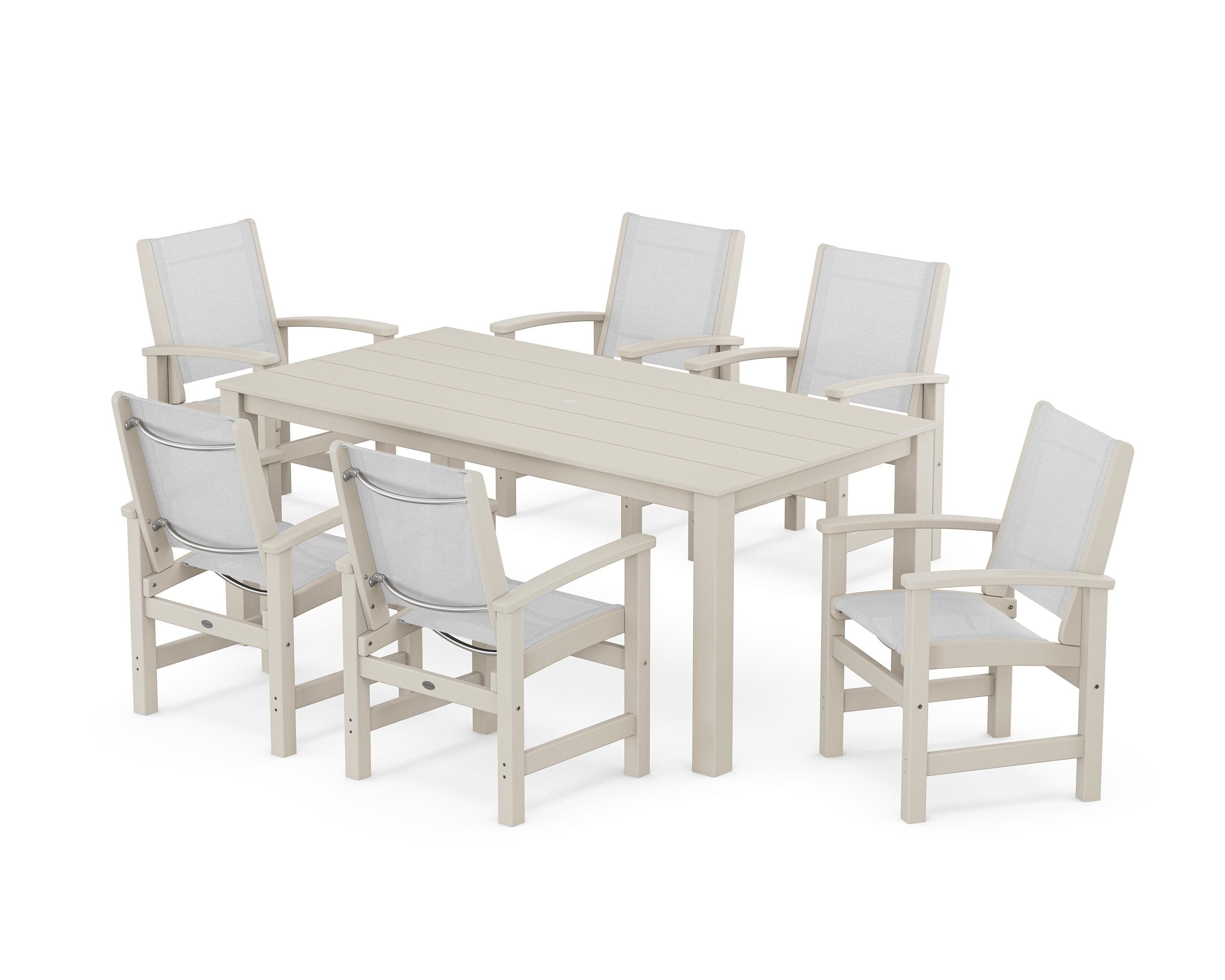 POLYWOOD Coastal 7-Piece Parsons Dining Set in Sand / White Sling
