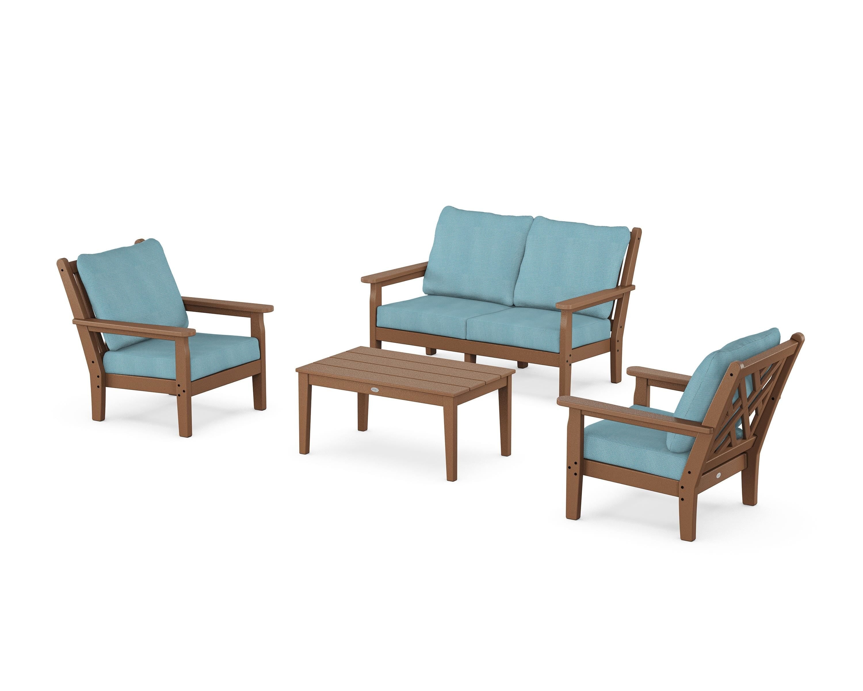 POLYWOOD Chippendale 4-Piece Deep Seating Set with Loveseat in Teak / Lattice Sky Blue