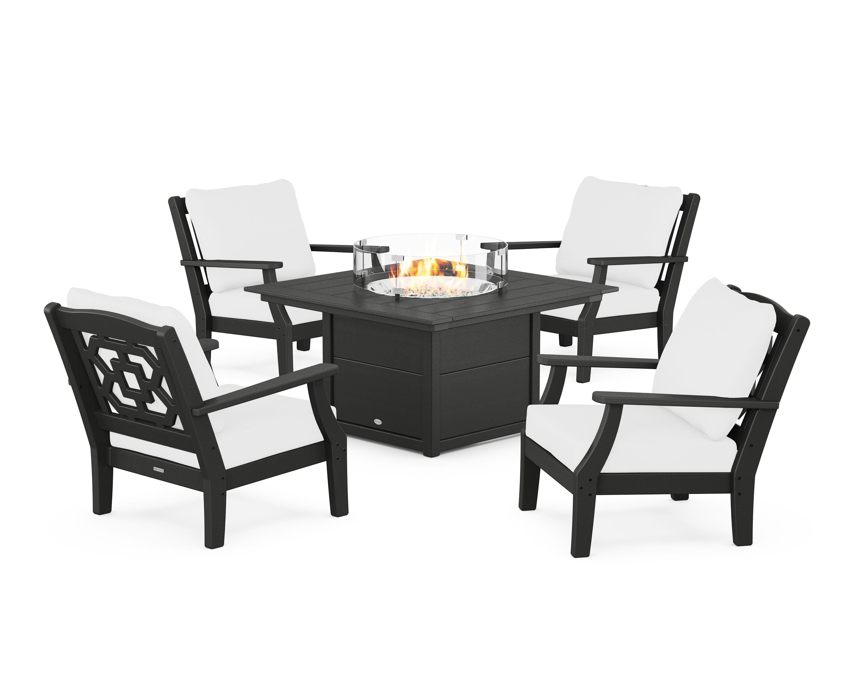 Martha Stewart by POLYWOOD Chinoiserie 5-Piece Deep Seating Set with Fire Pit Table in Black / Natural