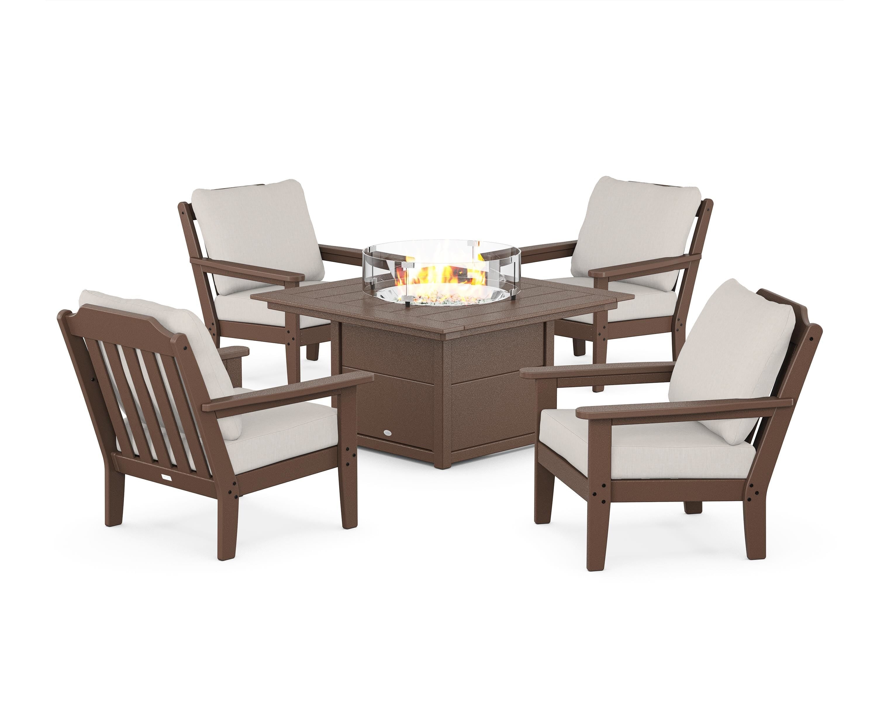 Country Living Cottage 5-Piece Deep Seating Set with Fire Pit Table in Mahogany / Cast Ash