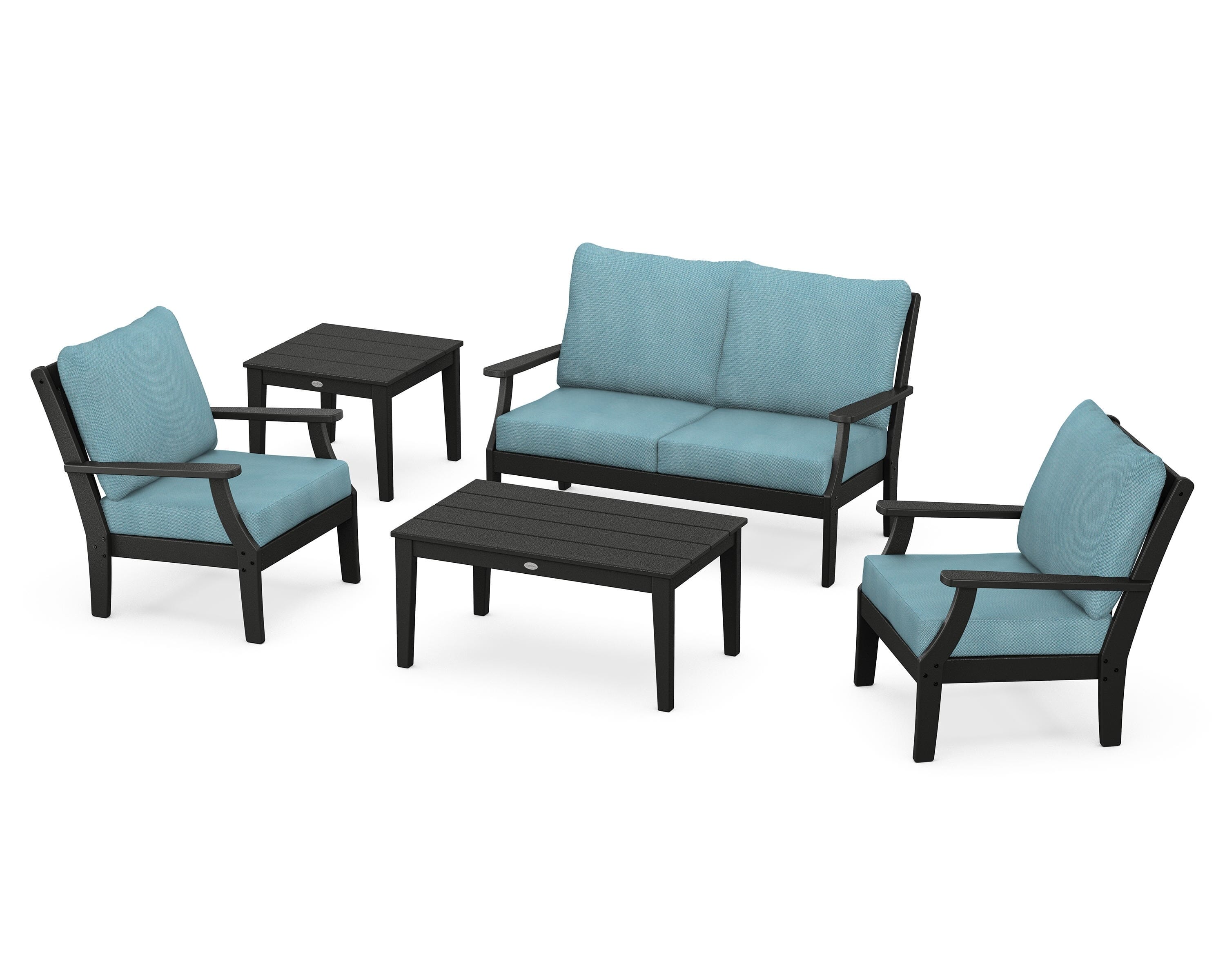 POLYWOOD Braxton 5-Piece Deep Seating Set in Black / Lattice Sky Blue