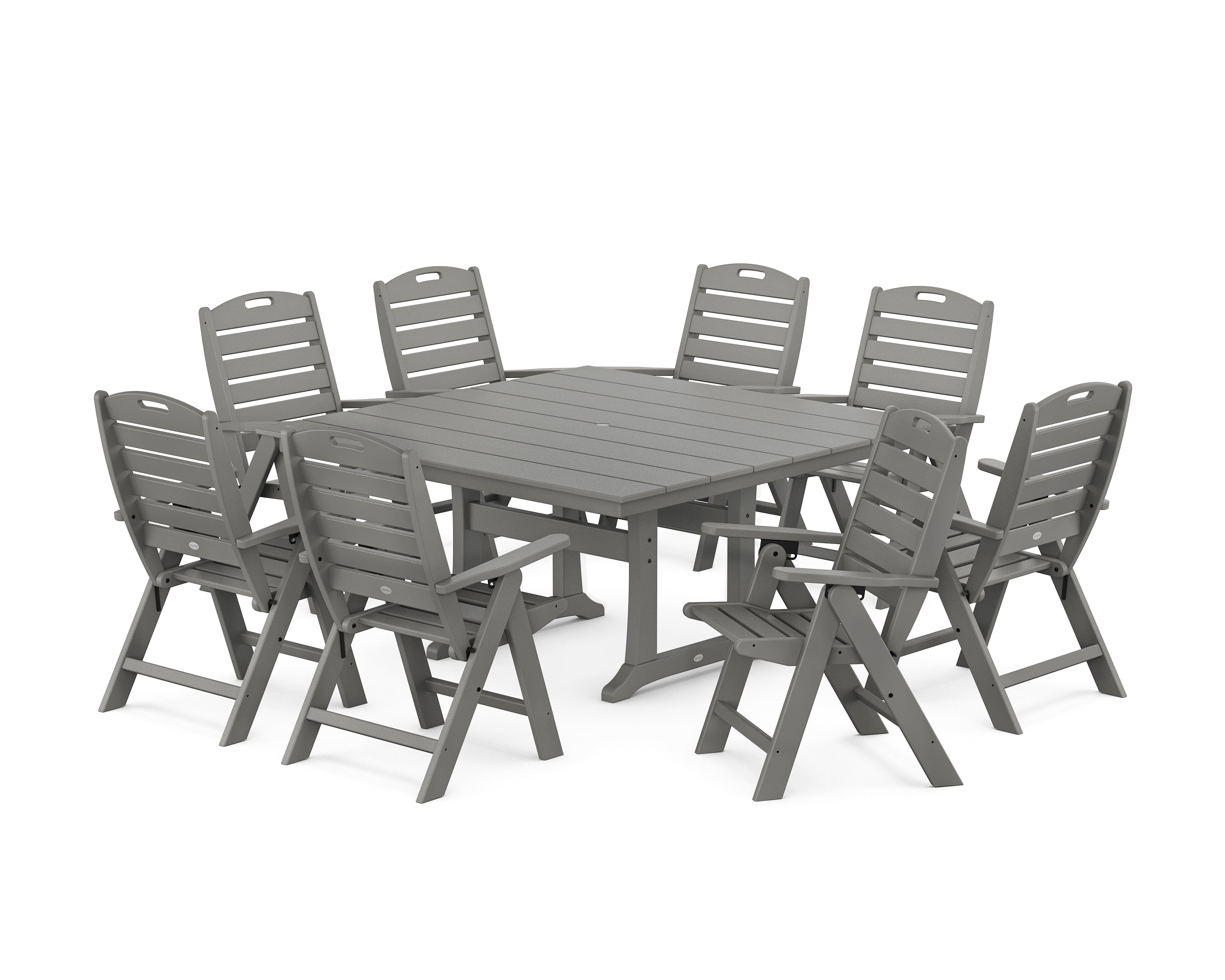 POLYWOOD Nautical Highback 9-Piece Square Farmhouse Dining Set with Trestle Legs in Slate Grey