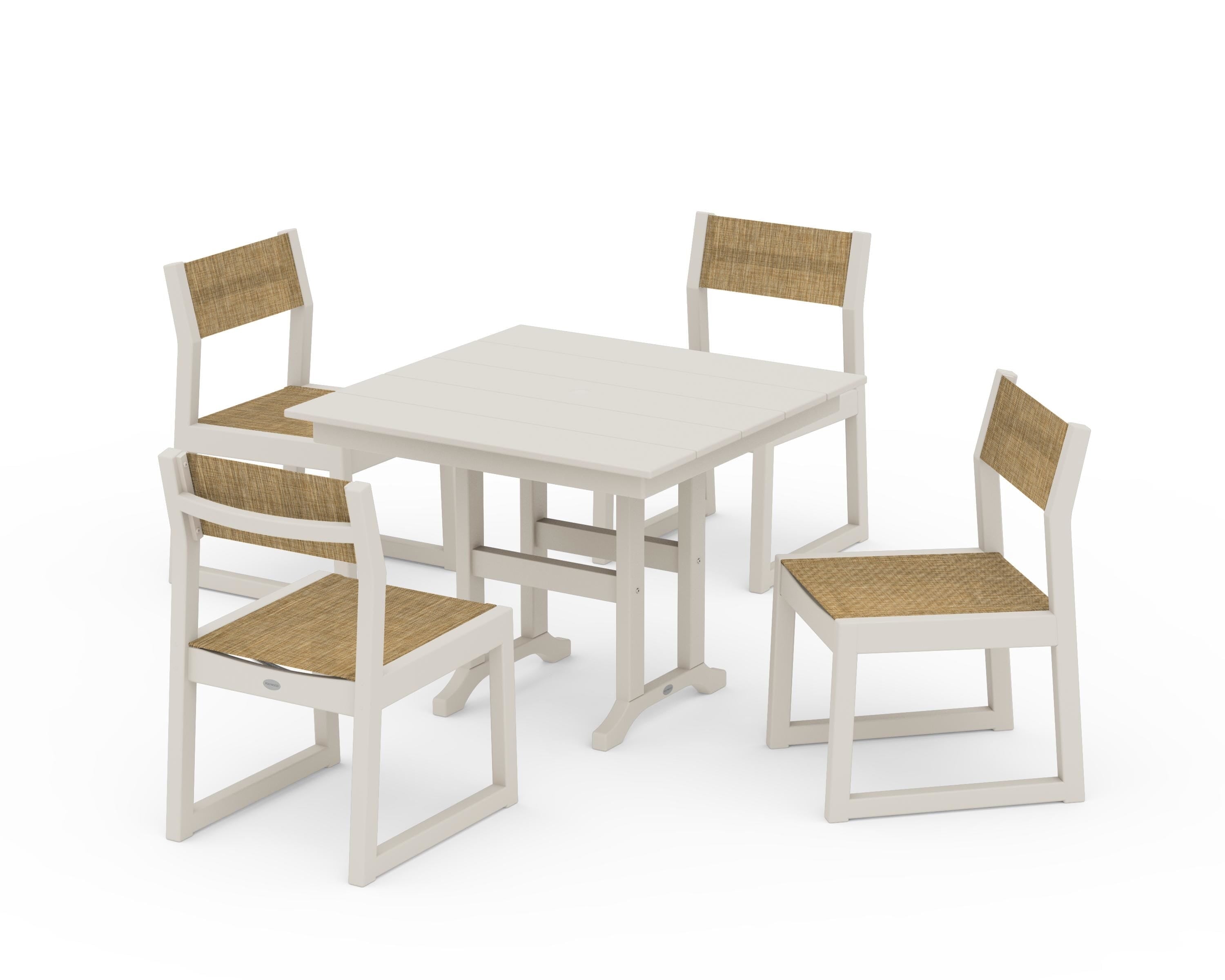 POLYWOOD EDGE Sling Side Chair 5-Piece Farmhouse Dining Set in Sand / Burlap Sling