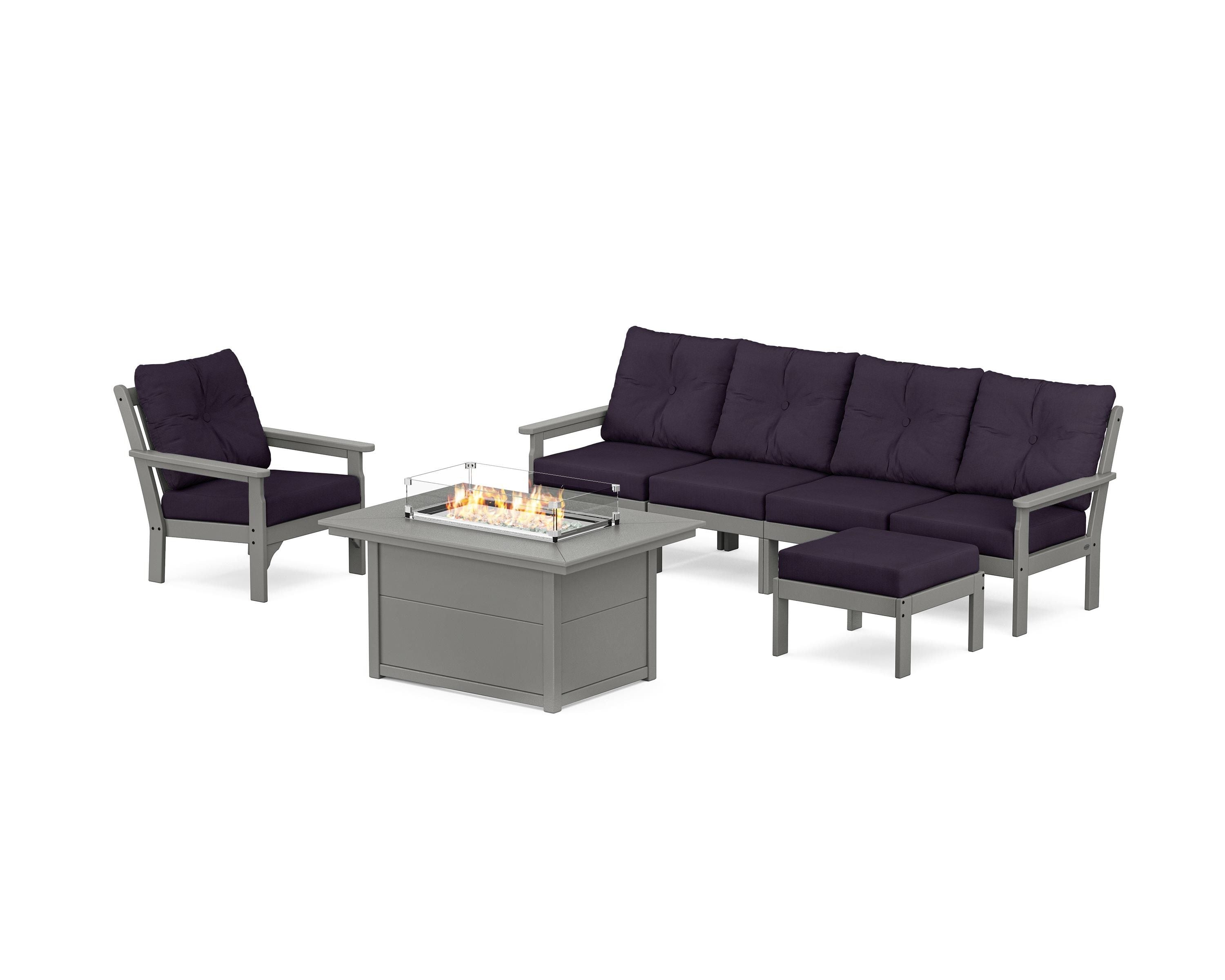 POLYWOOD Vineyard Sectional Lounge and Fire Pit Set in Slate Grey / Navy Linen