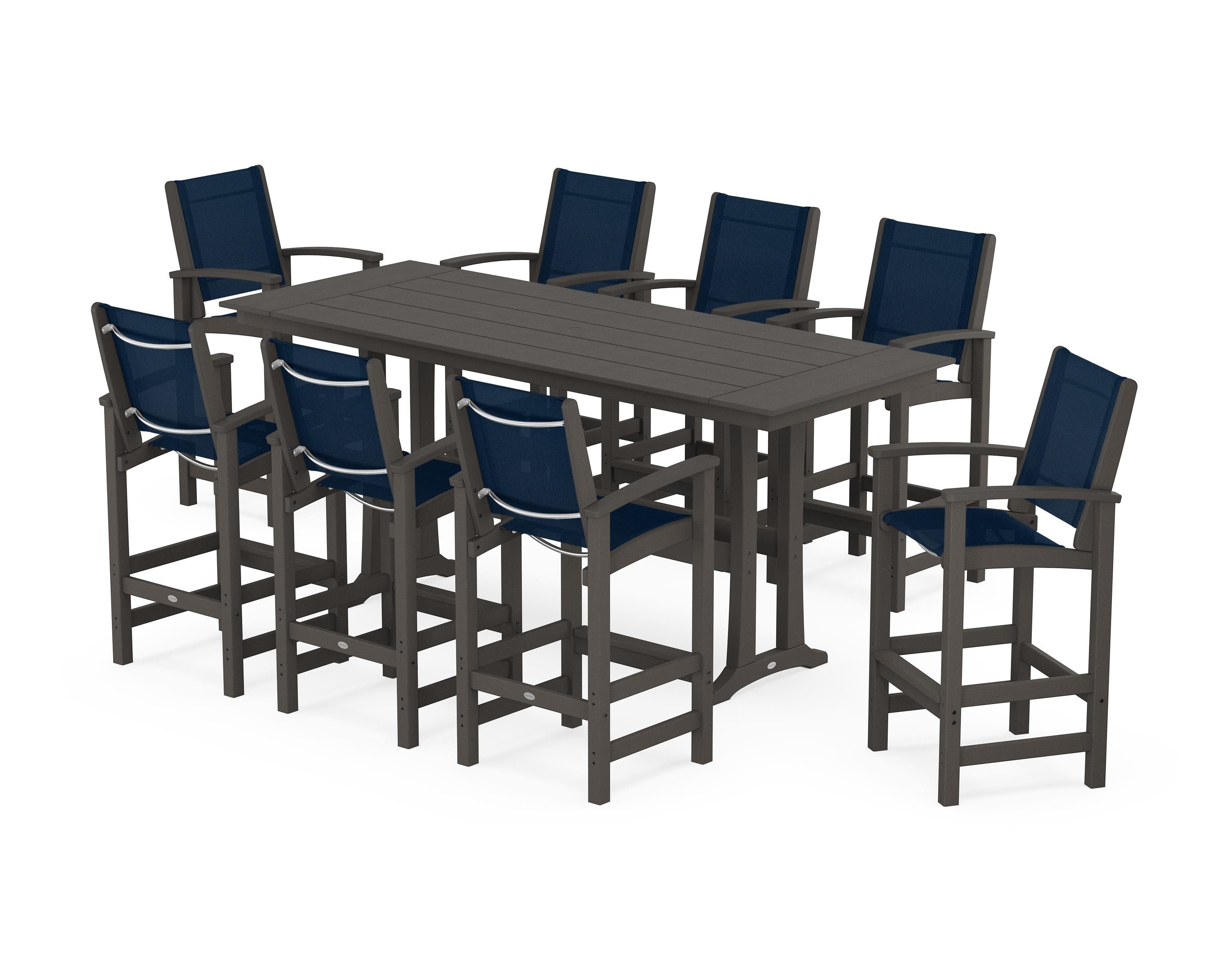 POLYWOOD Coastal 9-Piece Farmhouse Bar Set with Trestle Legs in Vintage Coffee / Navy Blue Sling