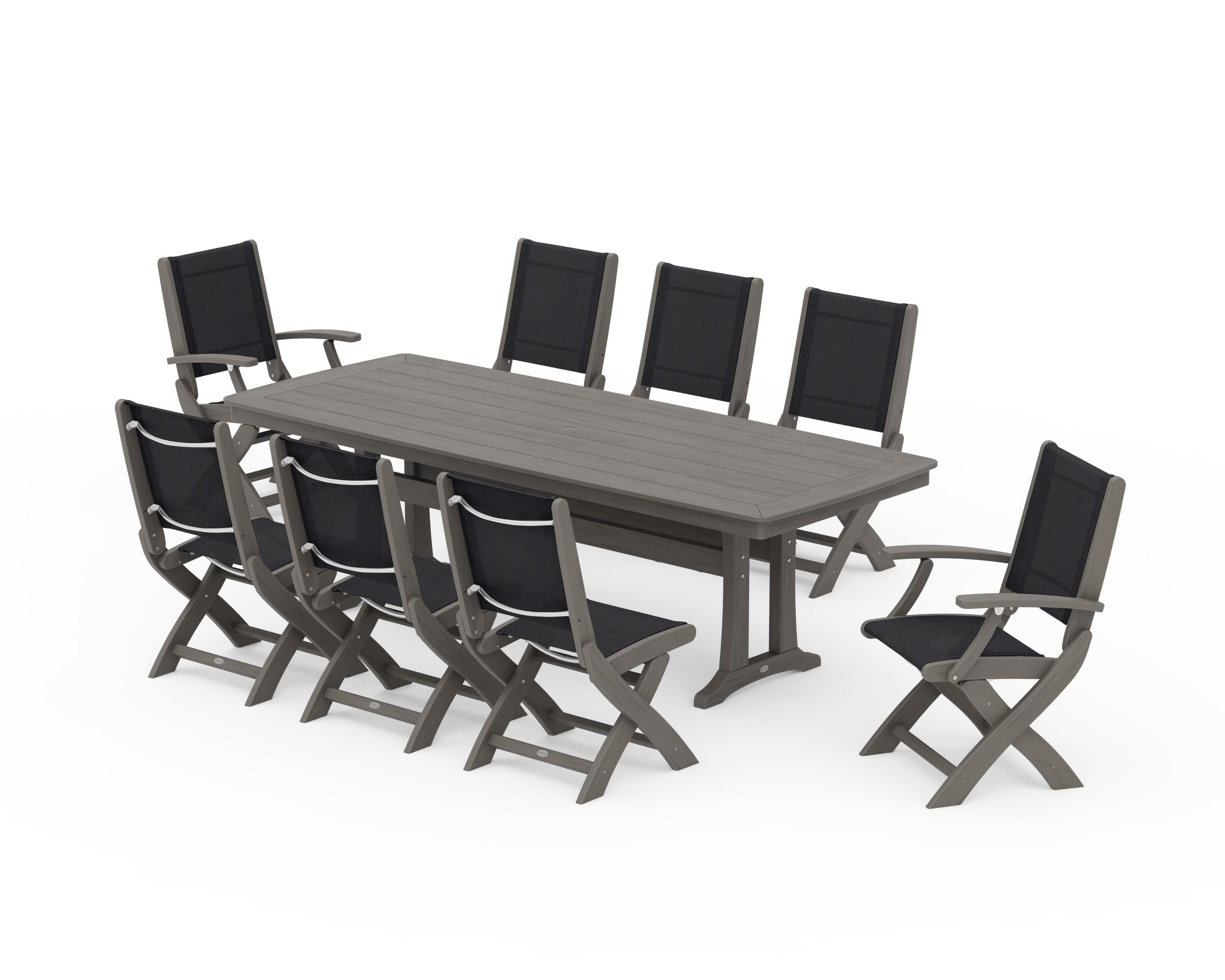 POLYWOOD Coastal Folding 9-Piece Dining Set with Trestle Legs in Driftwood / Black Sling