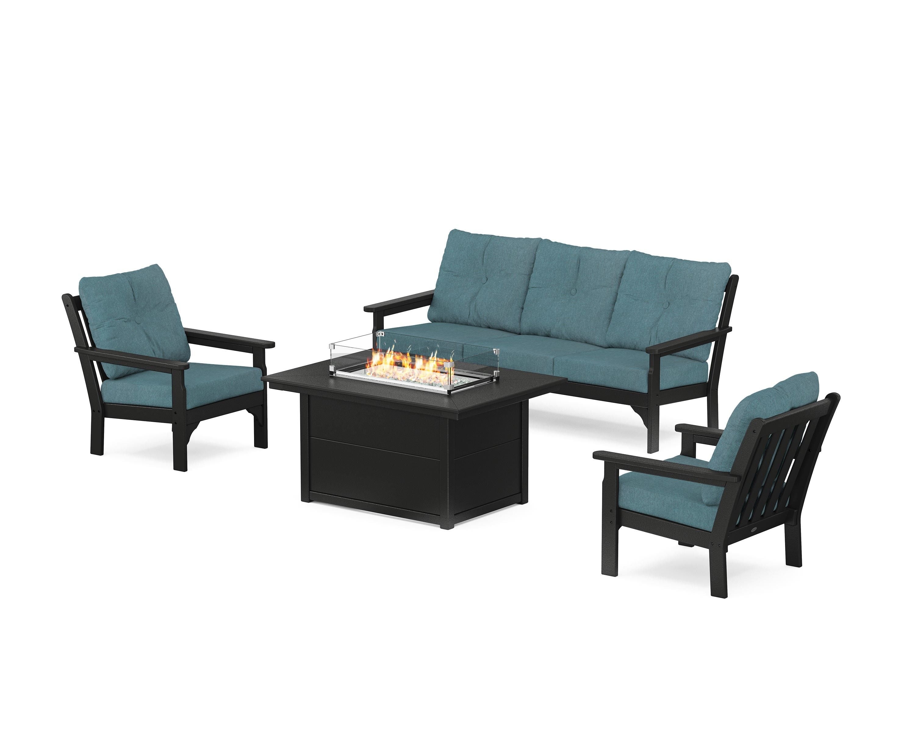 POLYWOOD Vineyard Deep Seating Fire Pit Table Set in Black / Ocean Teal