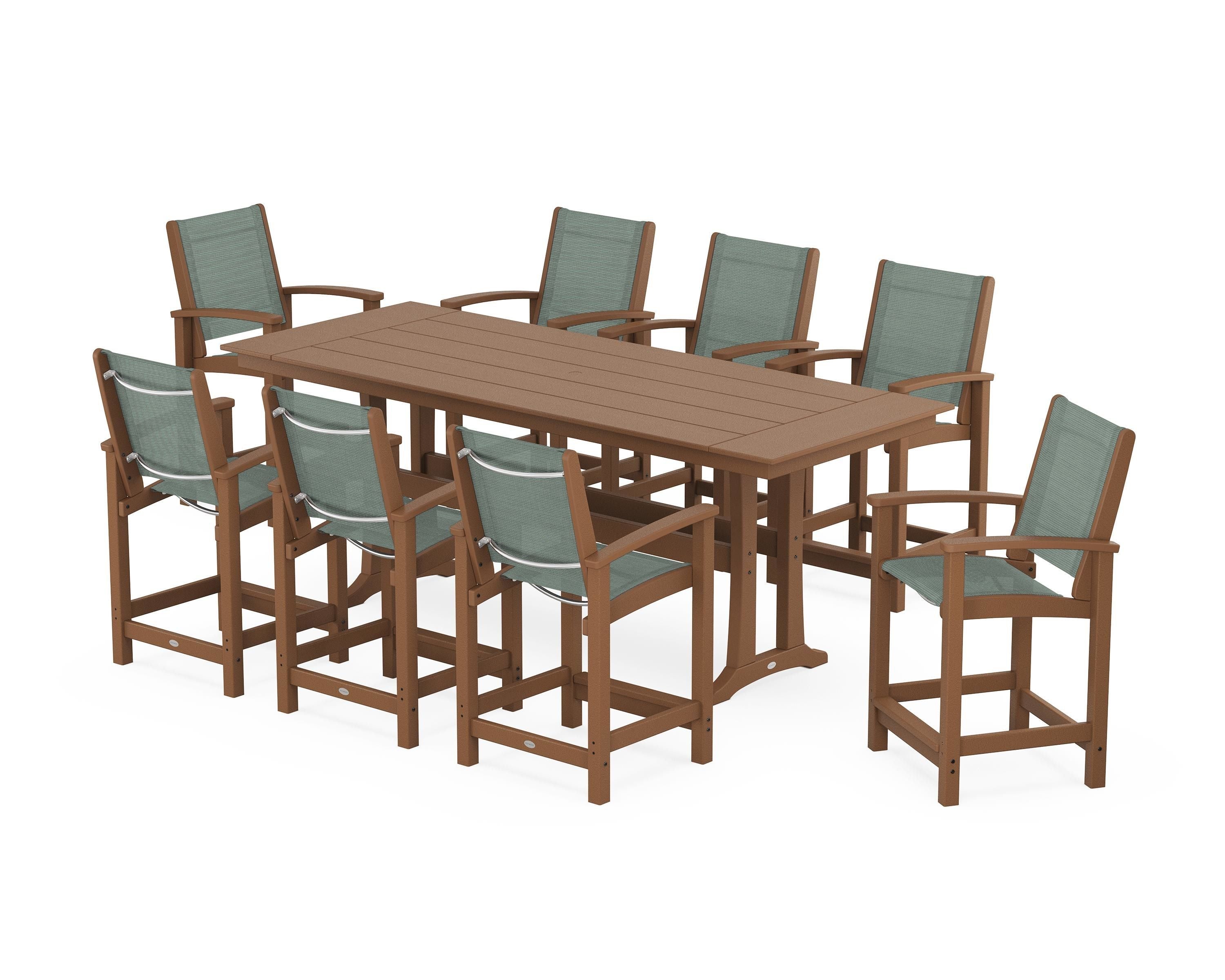 POLYWOOD Coastal 9-Piece Farmhouse Counter Set with Trestle Legs in Teak / Dupioni Sea Mist Sling