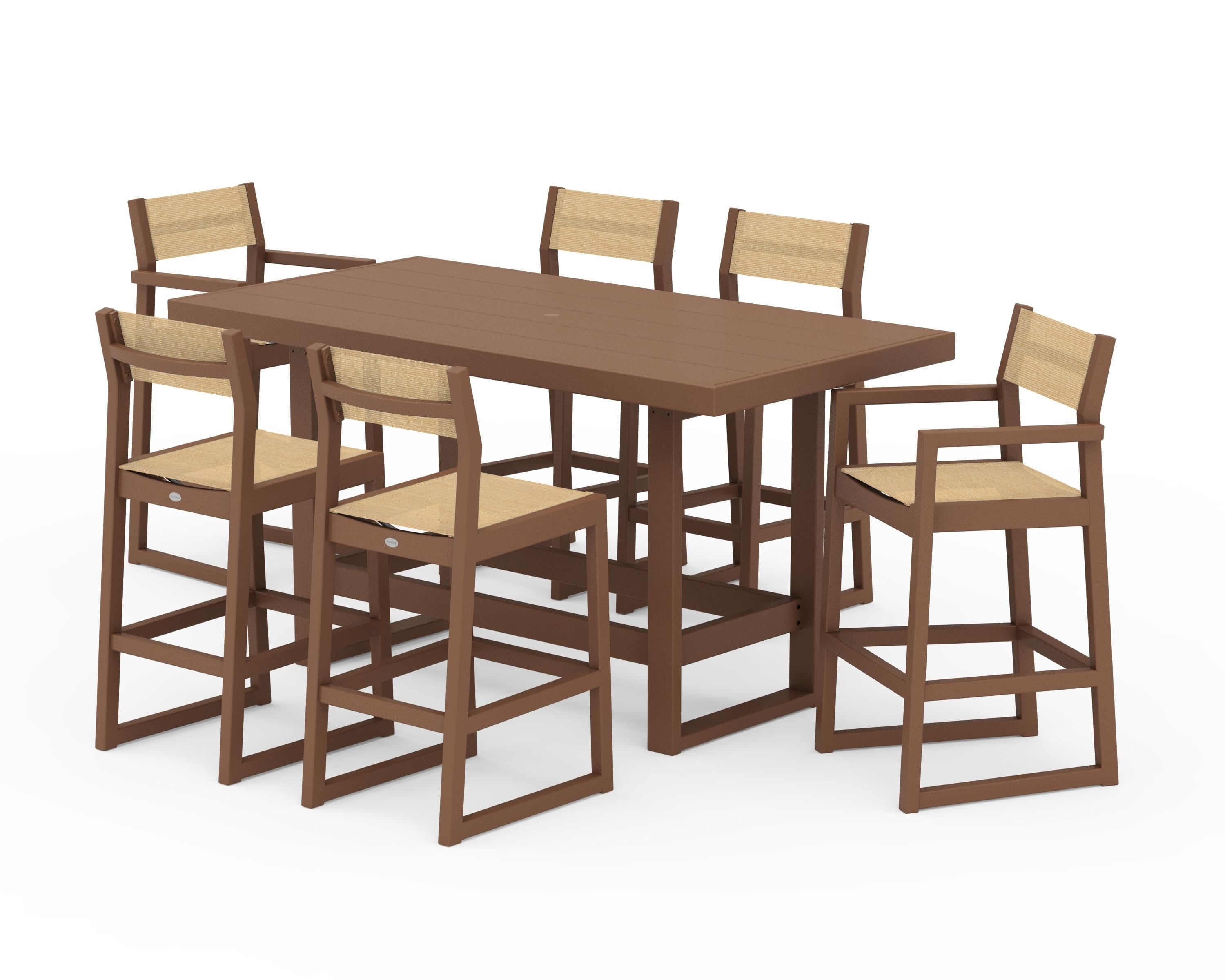 POLYWOOD EDGE Sling 7-Piece Bar Table Set in Teak / Dupioni Apricot Sling