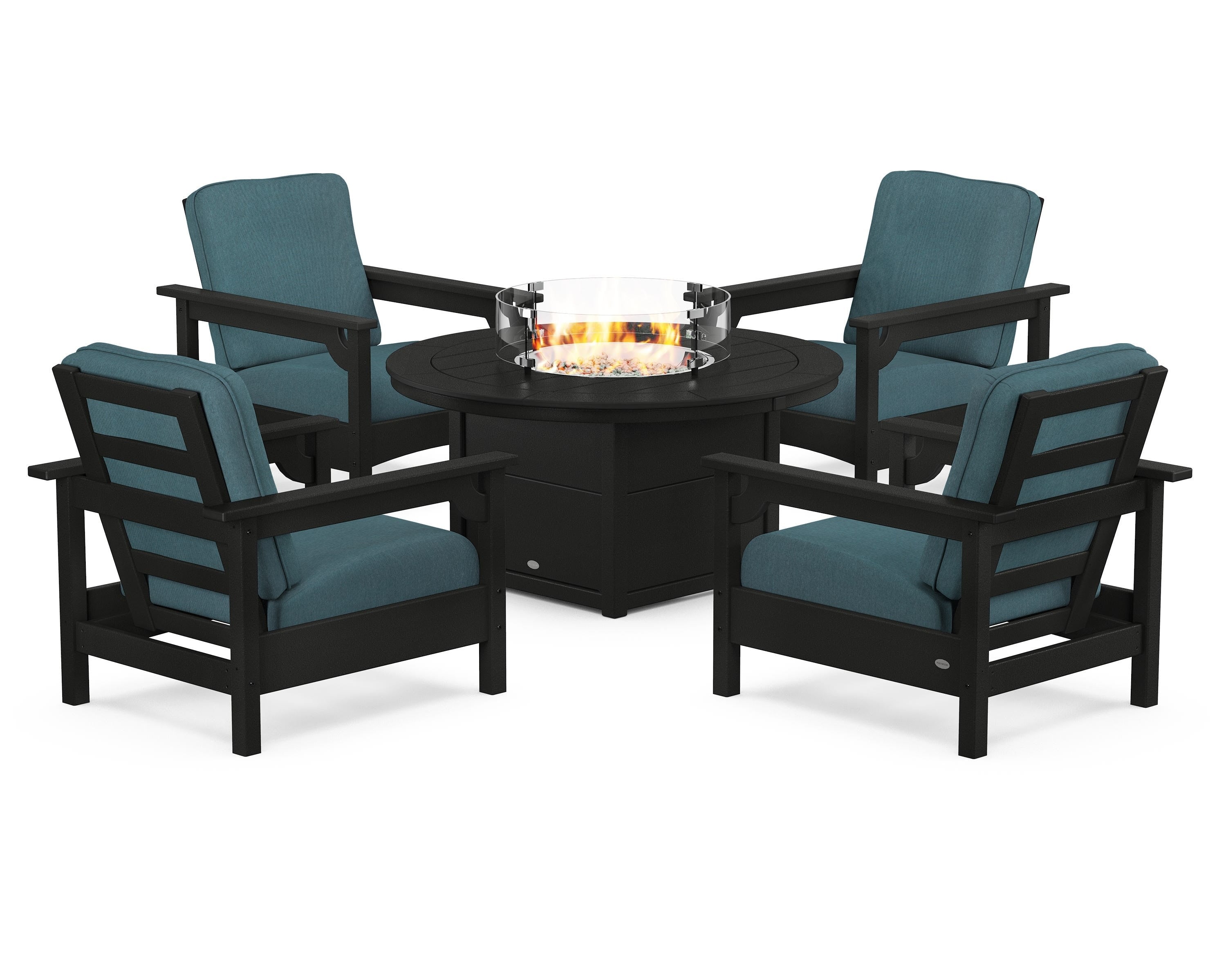 POLYWOOD Club 5-Piece Conversation Set with Fire Pit Table in Black / Ocean Teal