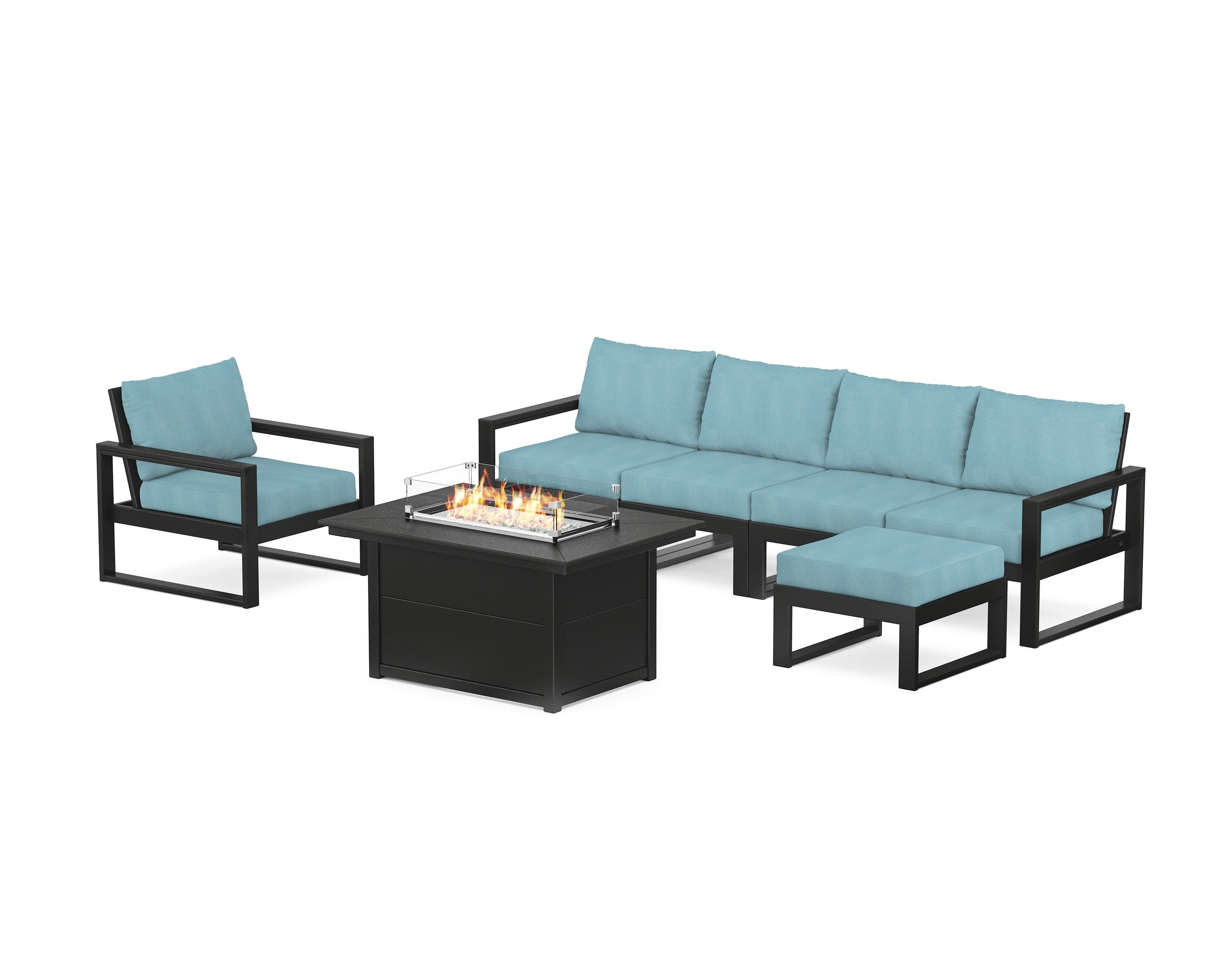 POLYWOOD EDGE Sectional Lounge and Fire Pit Set in Black / Lattice Sky Blue