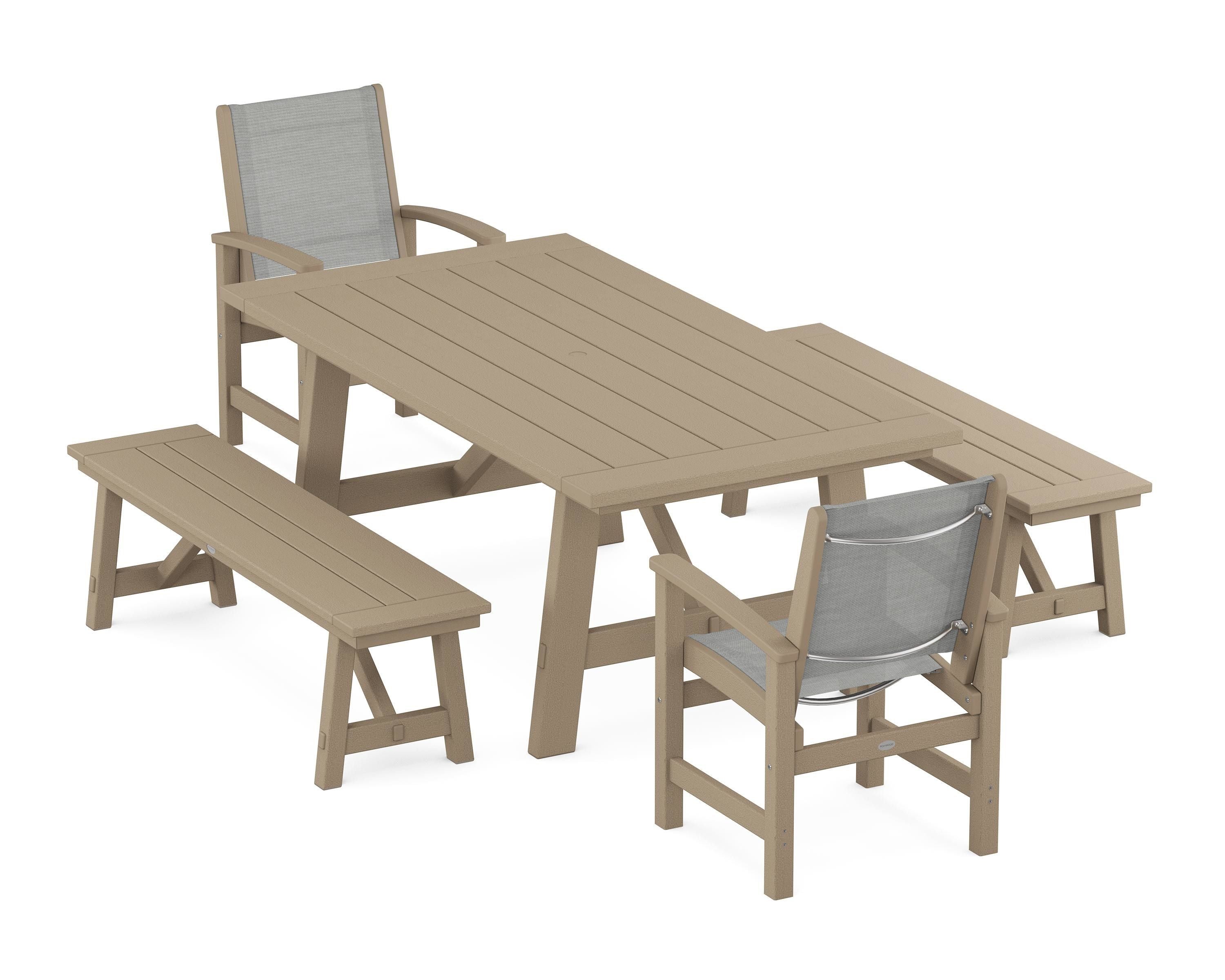 POLYWOOD Coastal 5-Piece Rustic Farmhouse Dining Set With Benches in Vintage Sahara / Metallic Sling