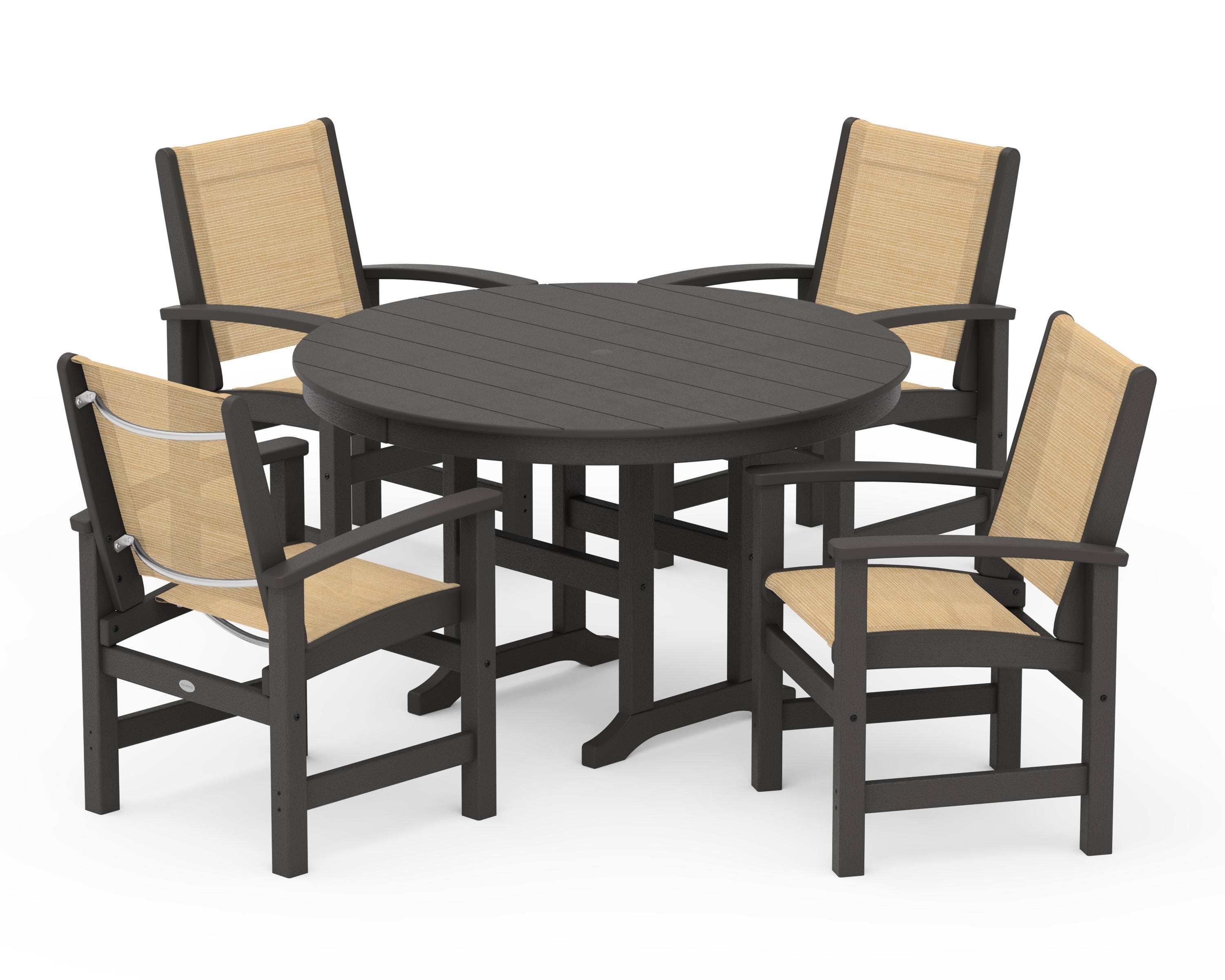 POLYWOOD Coastal 5-Piece Round Farmhouse Dining Set in Vintage Coffee / Dupioni Apricot Sling