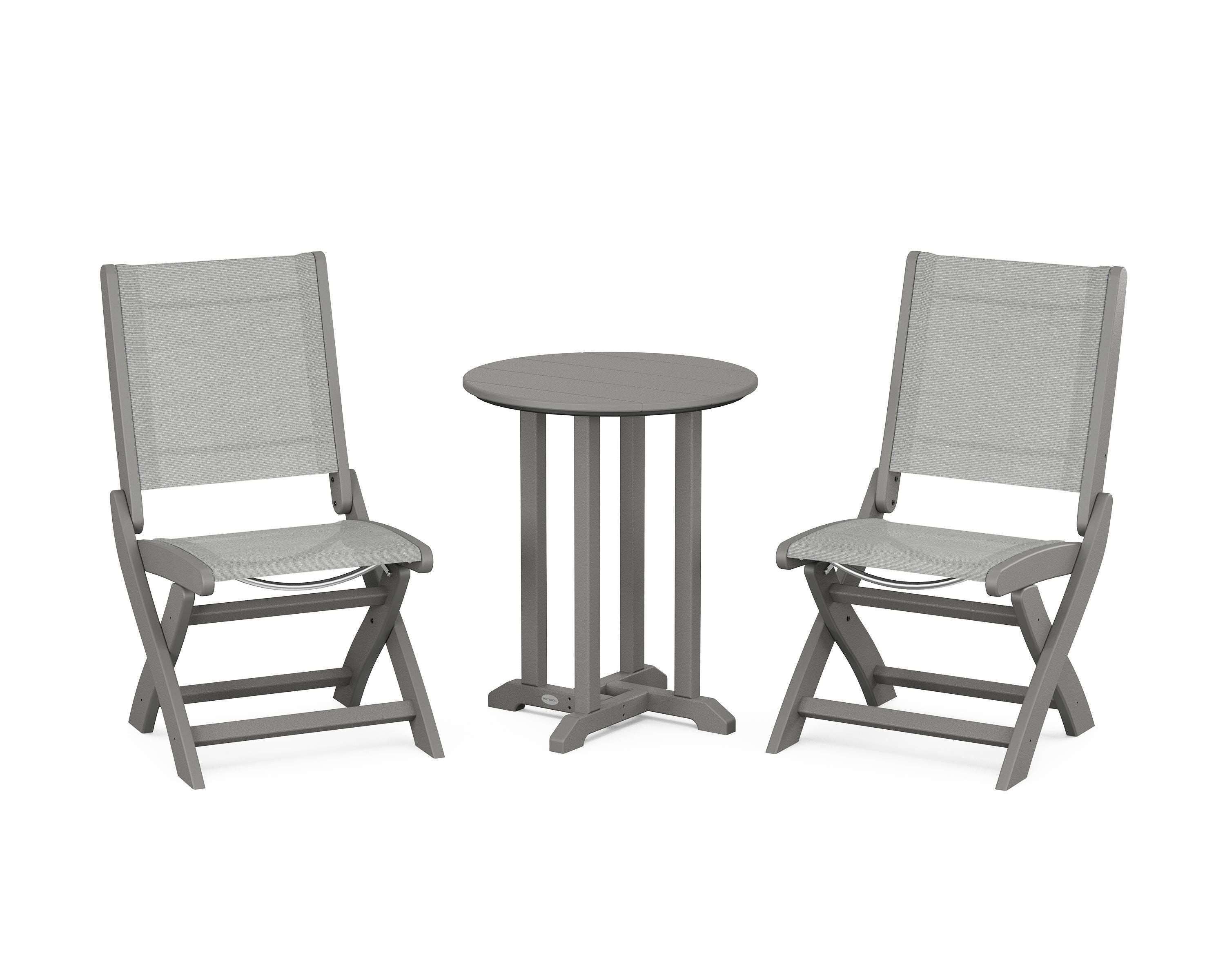 POLYWOOD Coastal Folding Side Chair 3-Piece Round Bistro Dining Set in Slate Grey / Metallic Sling