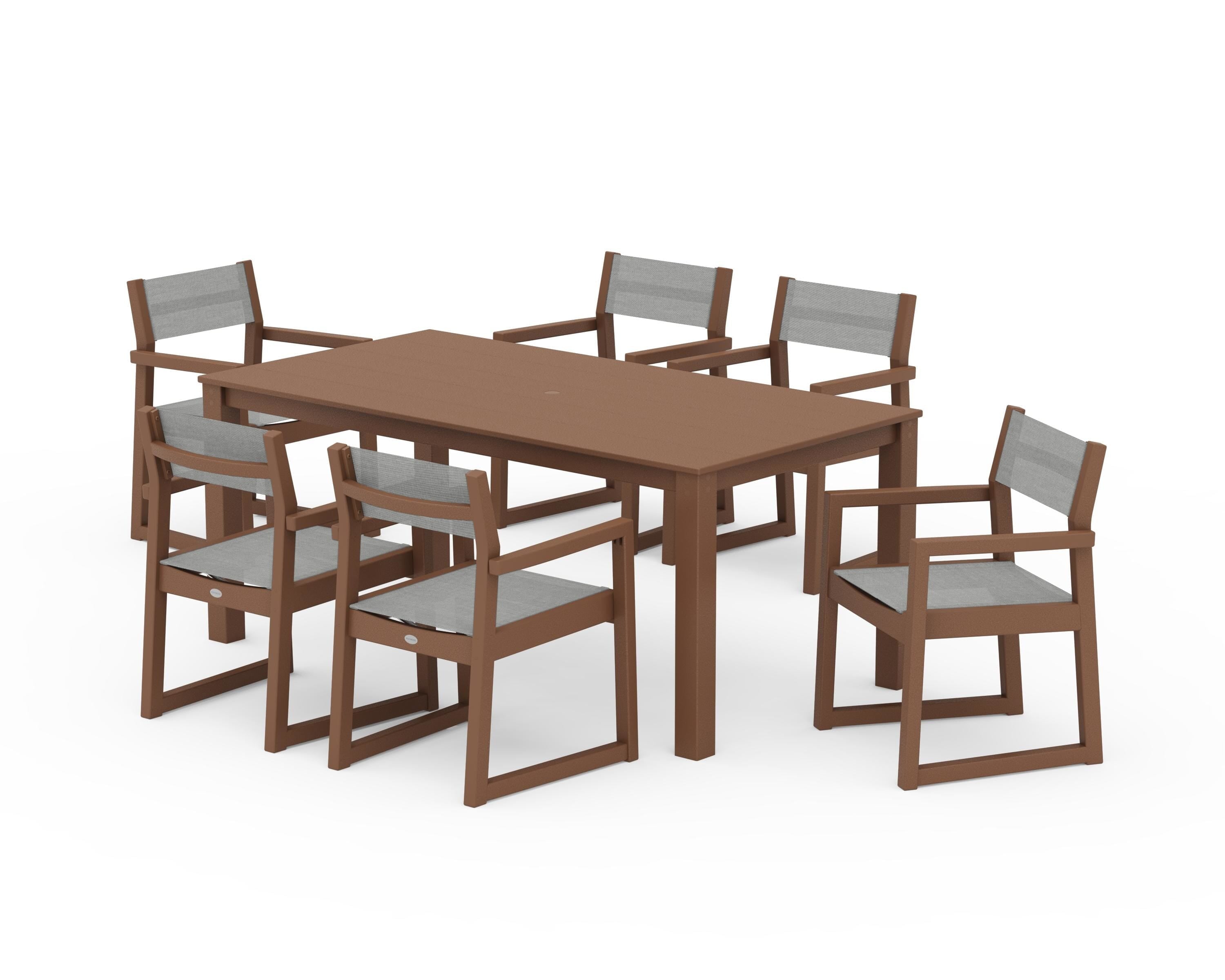 POLYWOOD EDGE Sling Arm Chair 7-Piece Parsons Dining Set in Teak / Metallic Sling