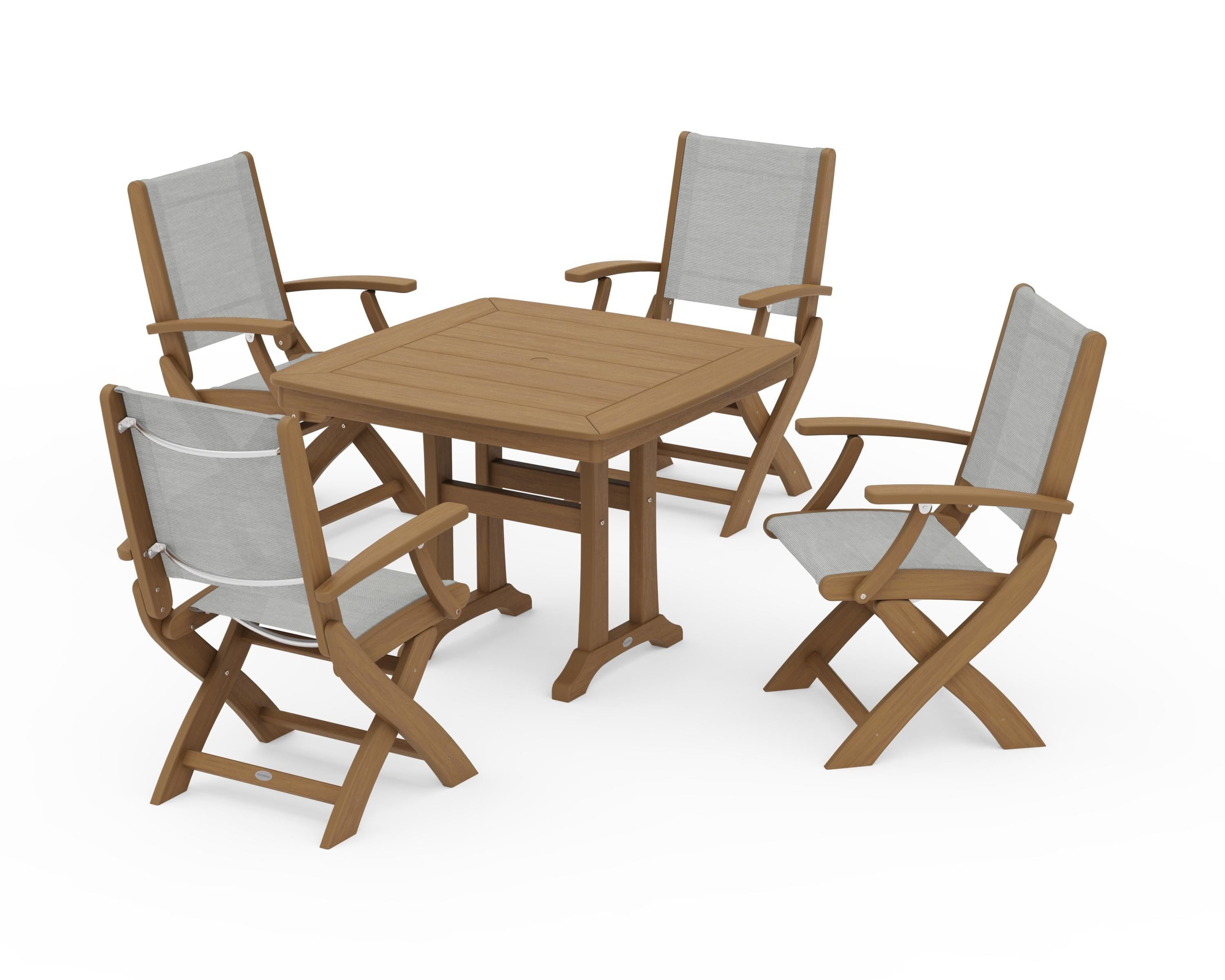 POLYWOOD Coastal Folding Chair 5-Piece Dining Set with Trestle Legs in Natural / Metallic Sling