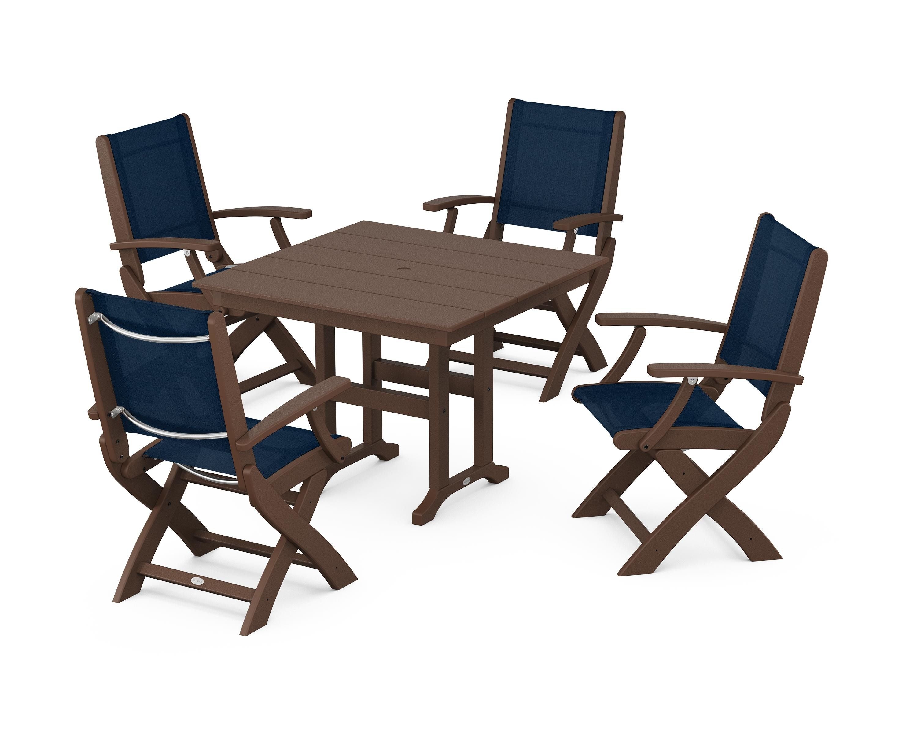 POLYWOOD Coastal Folding Chair 5-Piece Farmhouse Dining Set in Mahogany / Navy Blue Sling