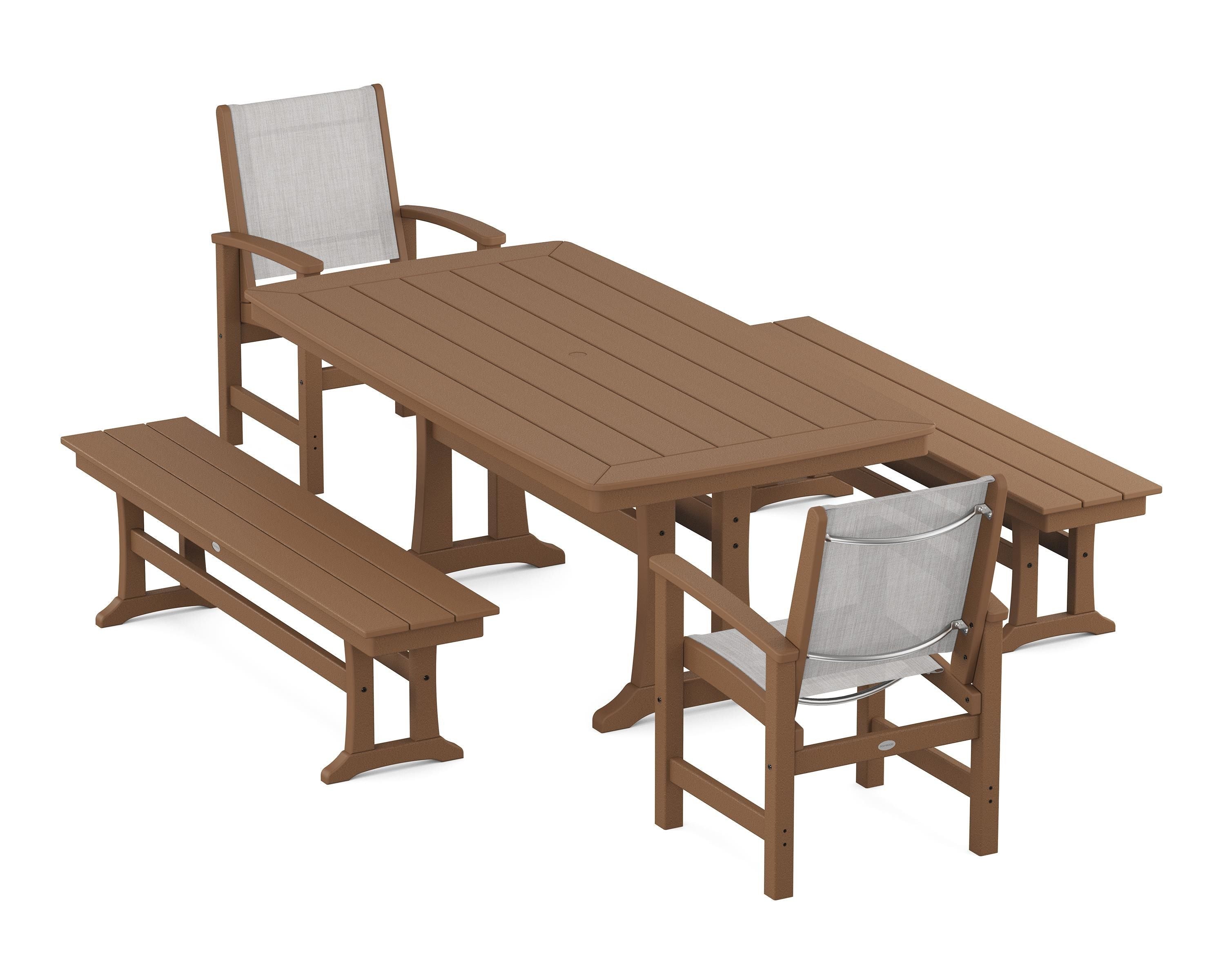 POLYWOOD Coastal 5-Piece Dining Set with Trestle Legs and Benches in Teak / Parchment Sling