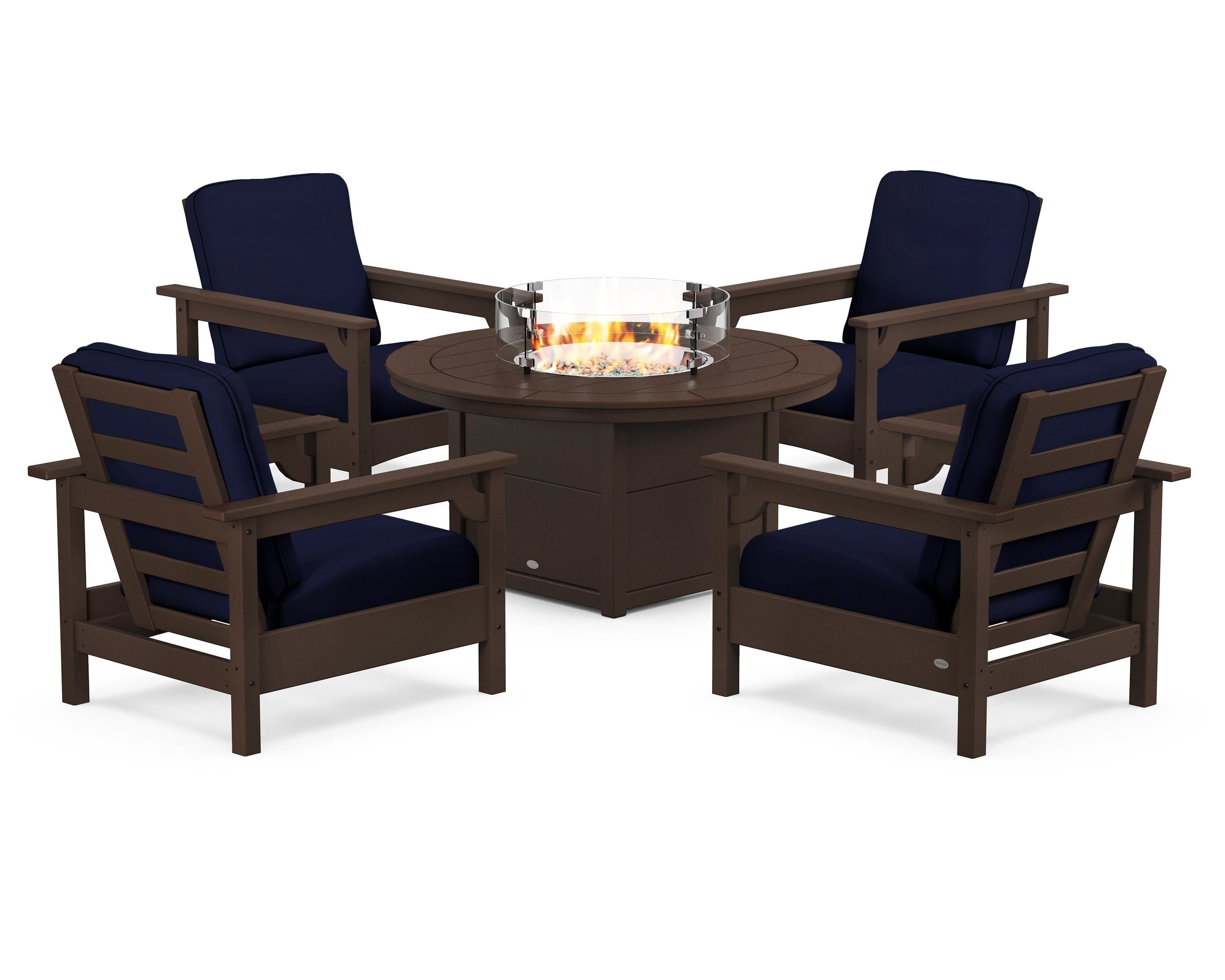 POLYWOOD Club 5-Piece Conversation Set with Fire Pit Table in Mahogany / Navy