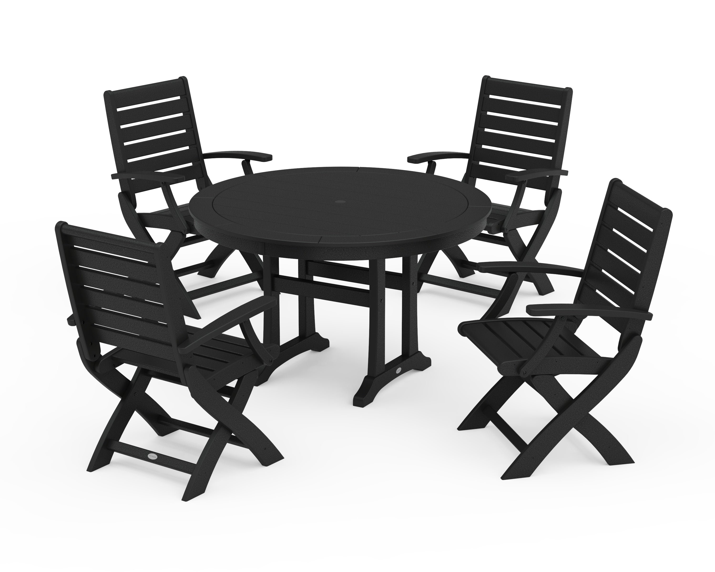 POLYWOOD Signature Folding Chair 5-Piece Round Dining Set with Trestle Legs in Black