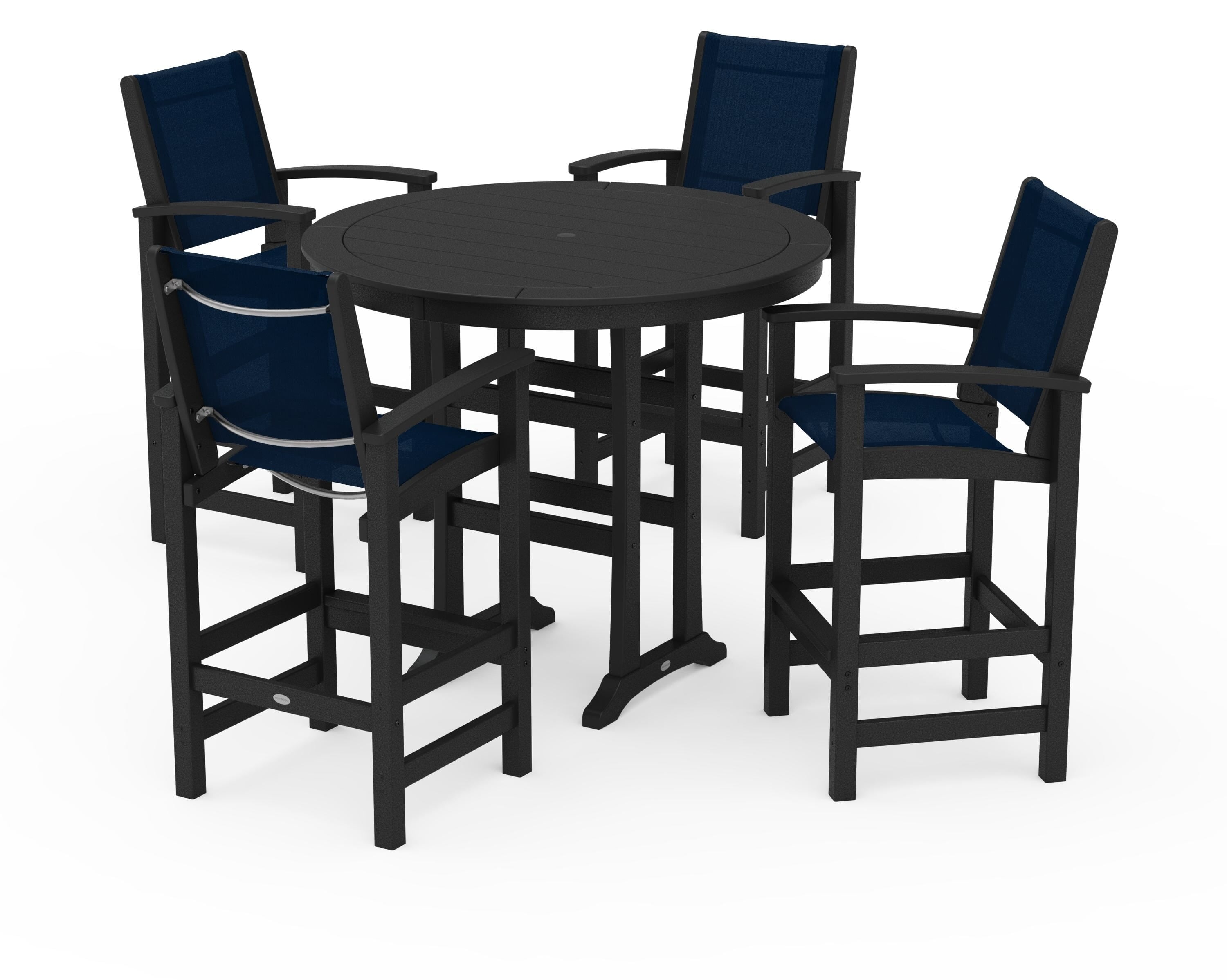 POLYWOOD Coastal 5-Piece Nautical Trestle Bar Set in Black / Navy Blue Sling