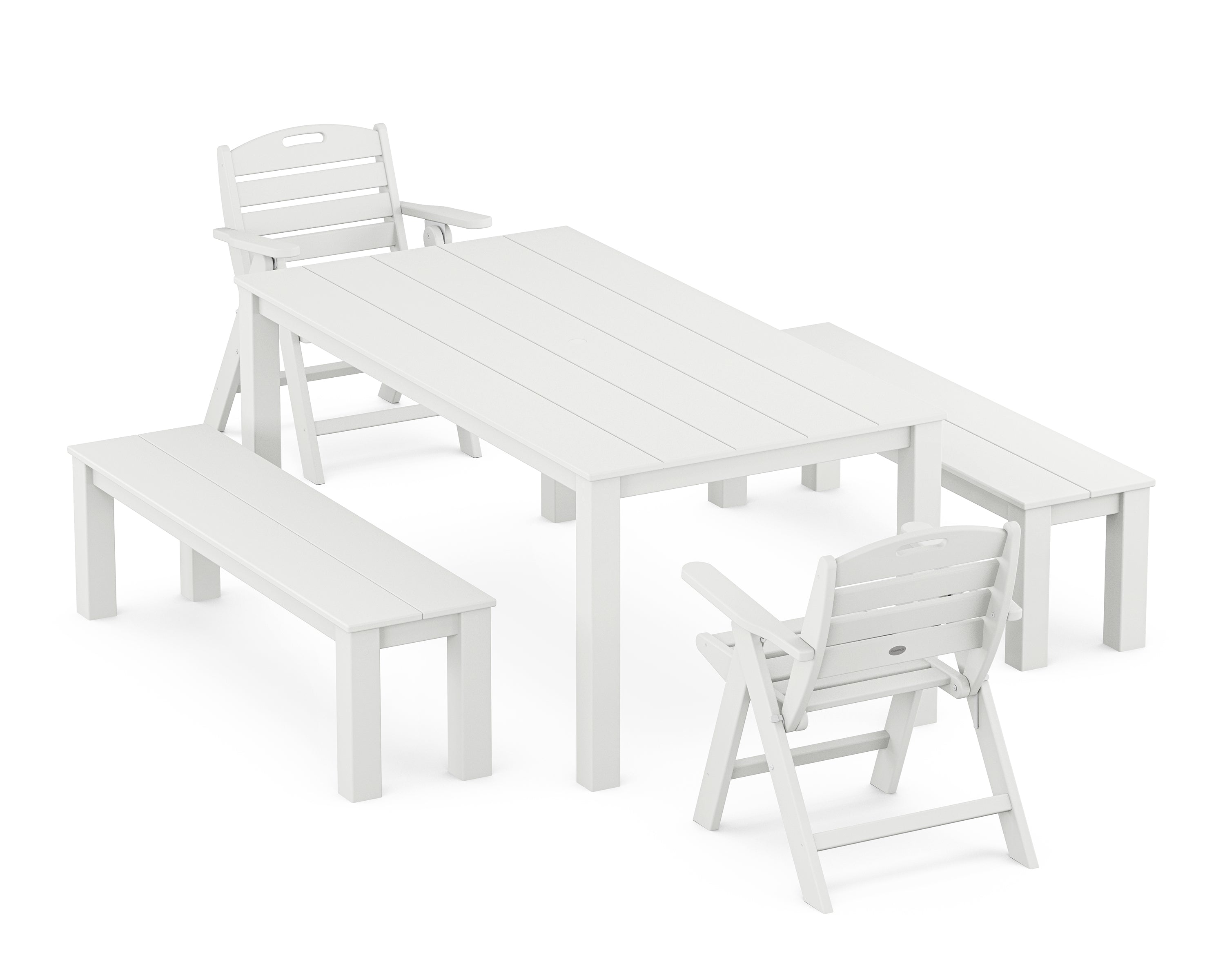 POLYWOOD® Nautical Folding Lowback Chair 5-Piece Parsons Dining Set with Benches in White