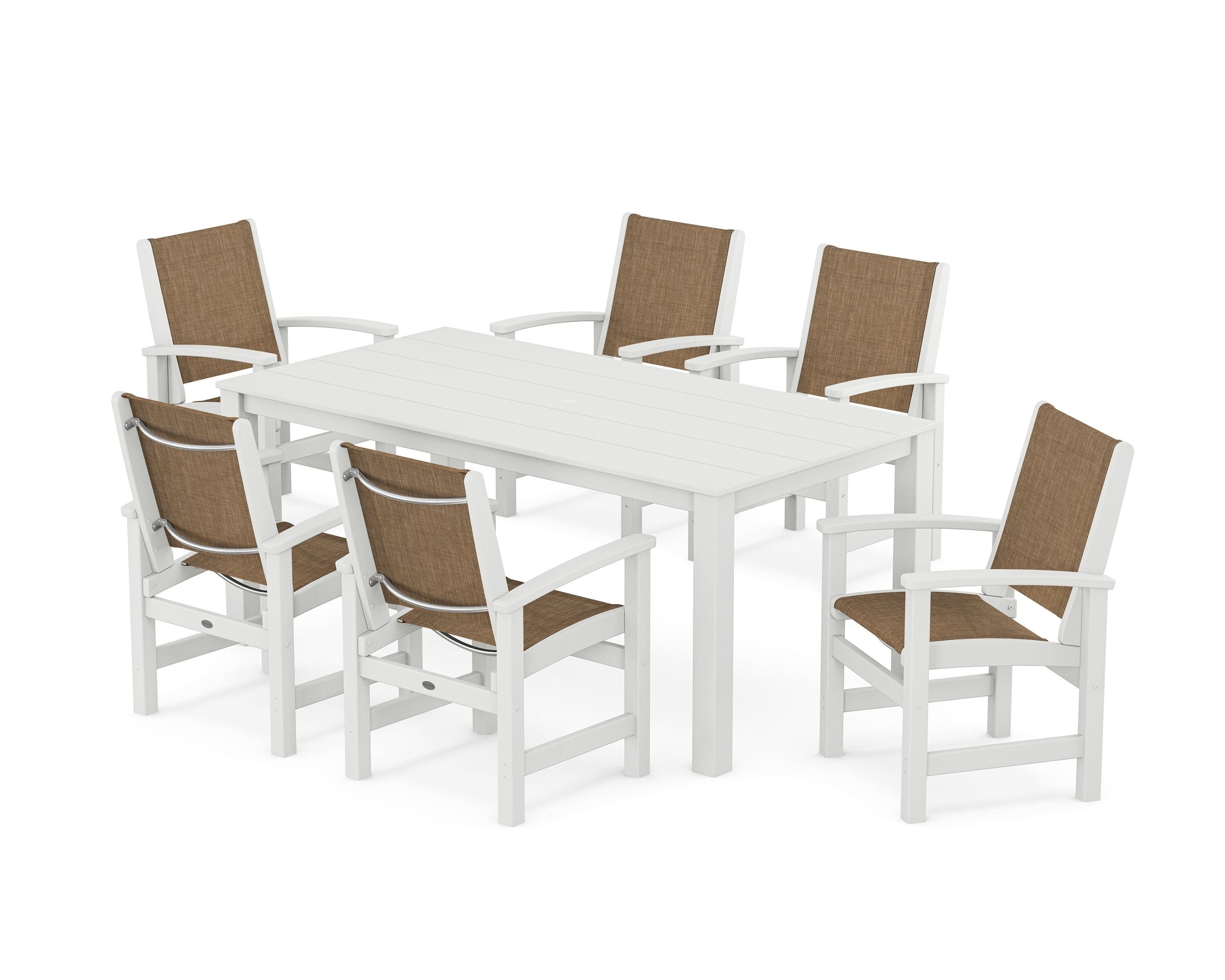 POLYWOOD Coastal 7-Piece Parsons Dining Set in White / Burlap Sling