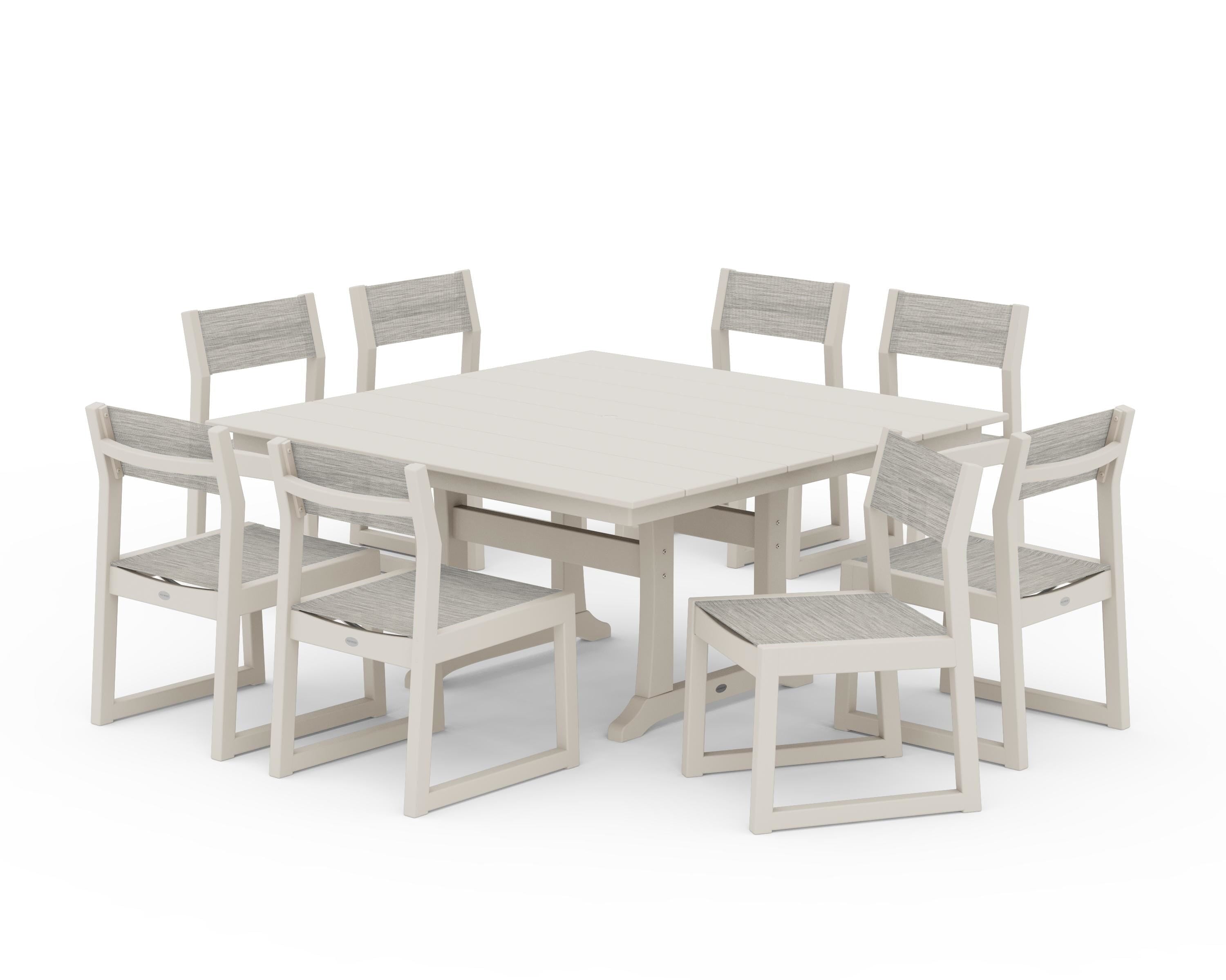 POLYWOOD EDGE Sling Side Chair 9-Piece Farmhouse Trestle Dining Set in Sand / Birch Sling
