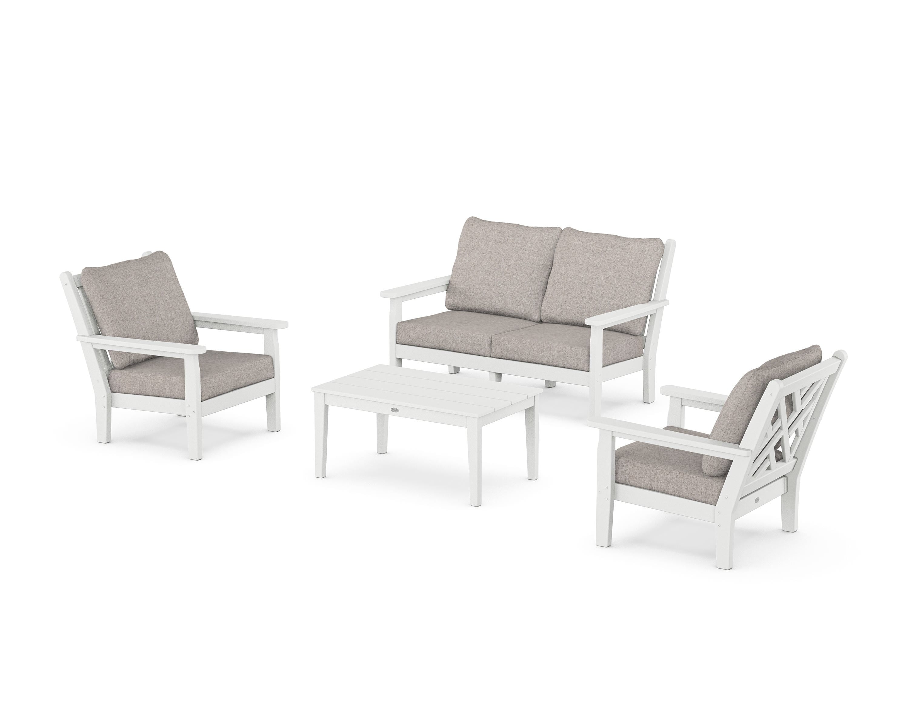 POLYWOOD Chippendale 4-Piece Deep Seating Set with Loveseat in White / Weathered Tweed