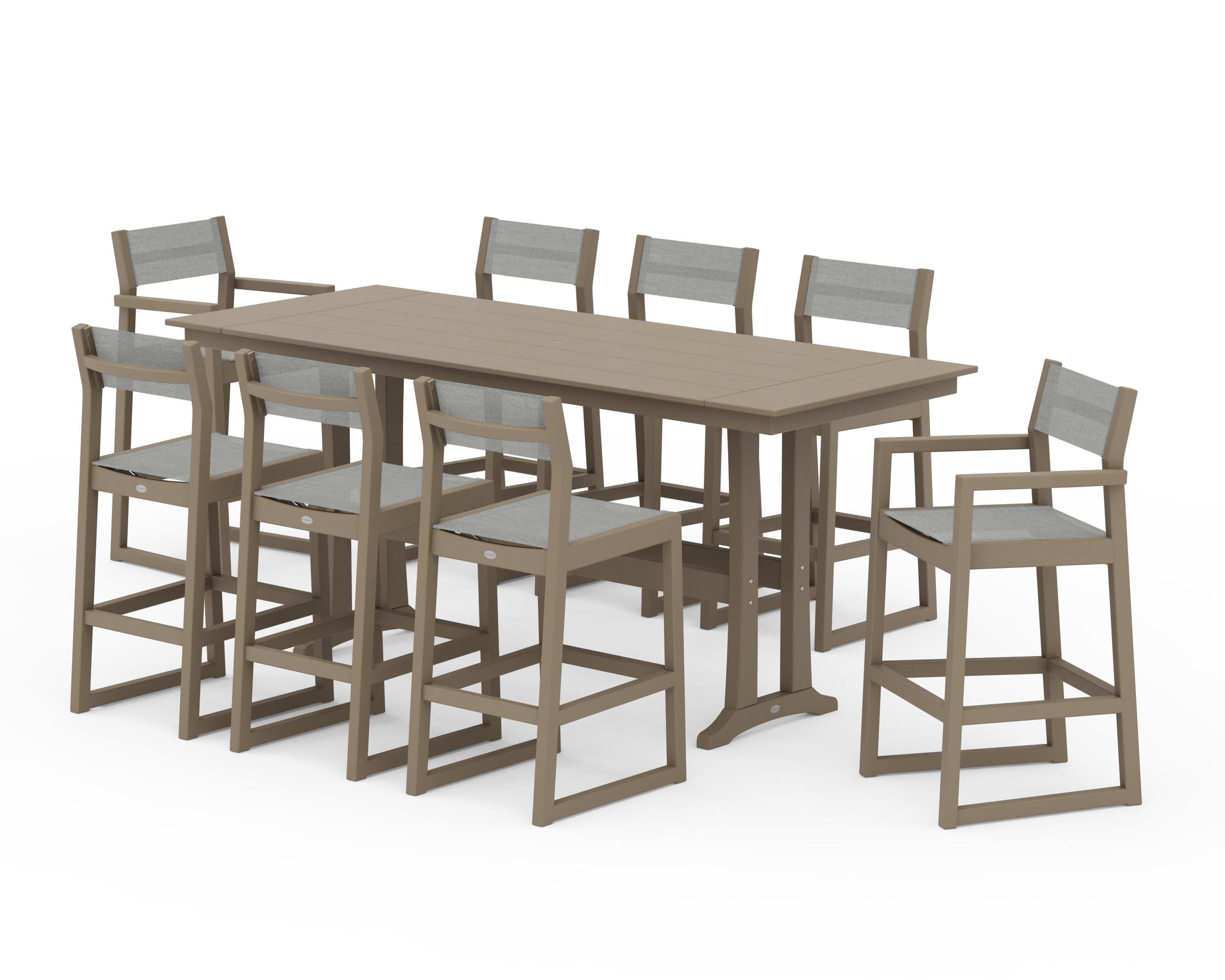 POLYWOOD EDGE Sling 9-Piece Farmhouse Bar Set with Trestle Legs in Vintage Sahara / Metallic Sling