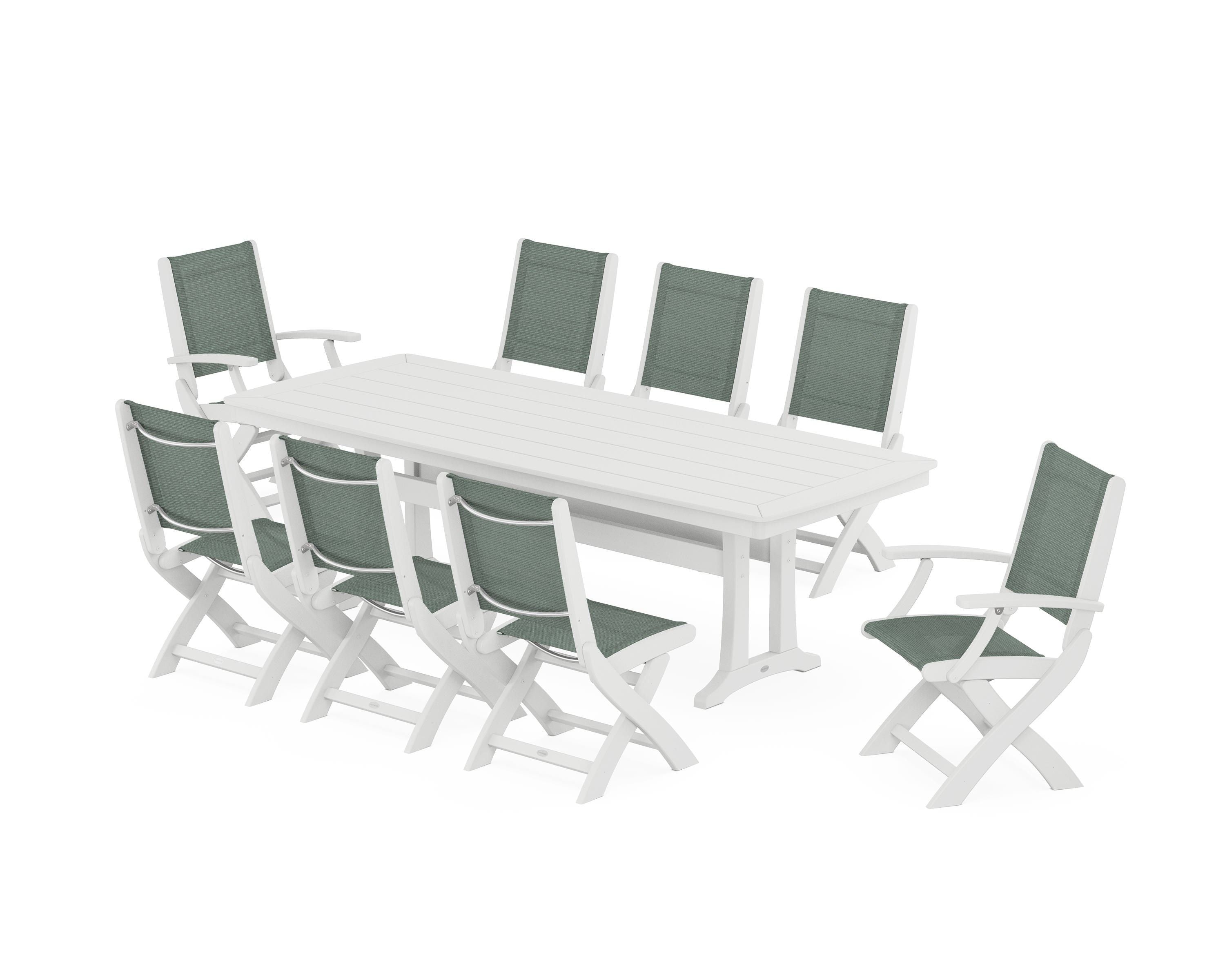 POLYWOOD Coastal Folding 9-Piece Dining Set with Trestle Legs in White / Dupioni Sea Mist Sling