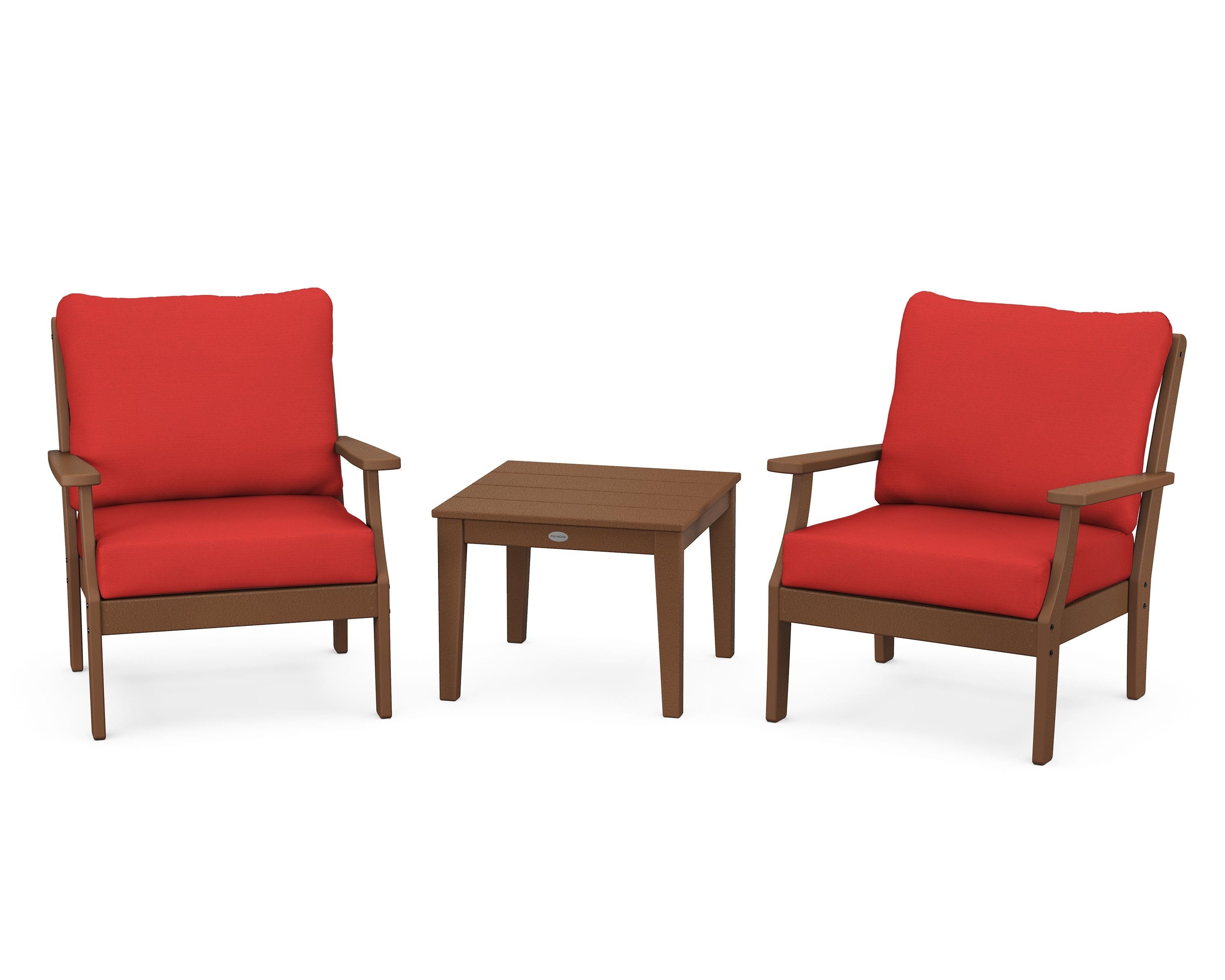 POLYWOOD Braxton 3-Piece Deep Seating Set in Teak / Crimson Linen