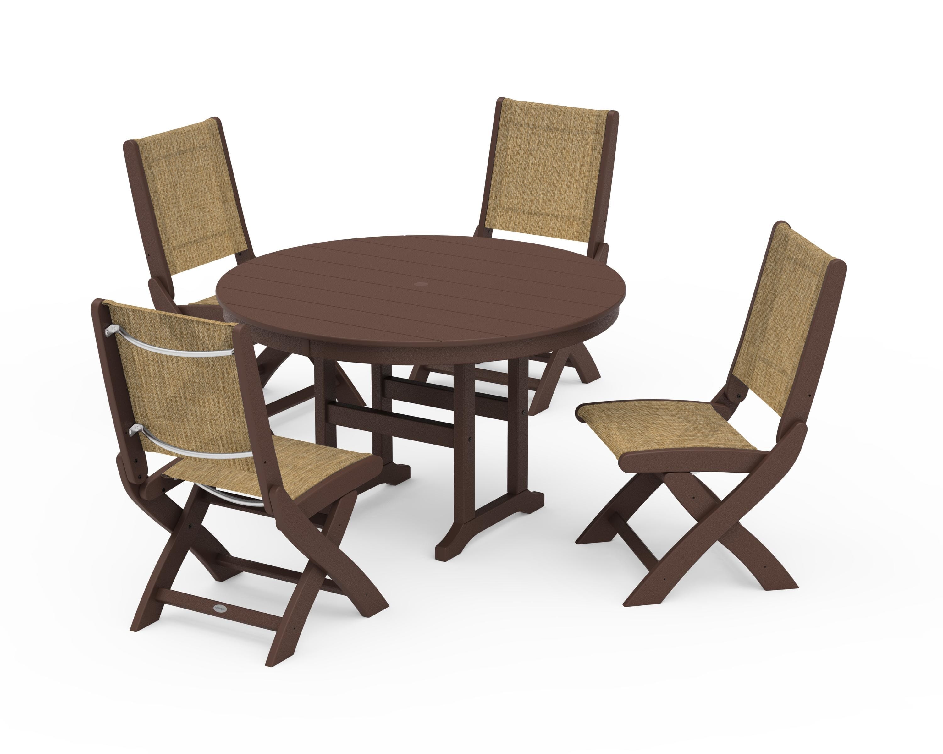 POLYWOOD Coastal Folding Side Chair 5-Piece Round Dining Set in Mahogany / Burlap Sling
