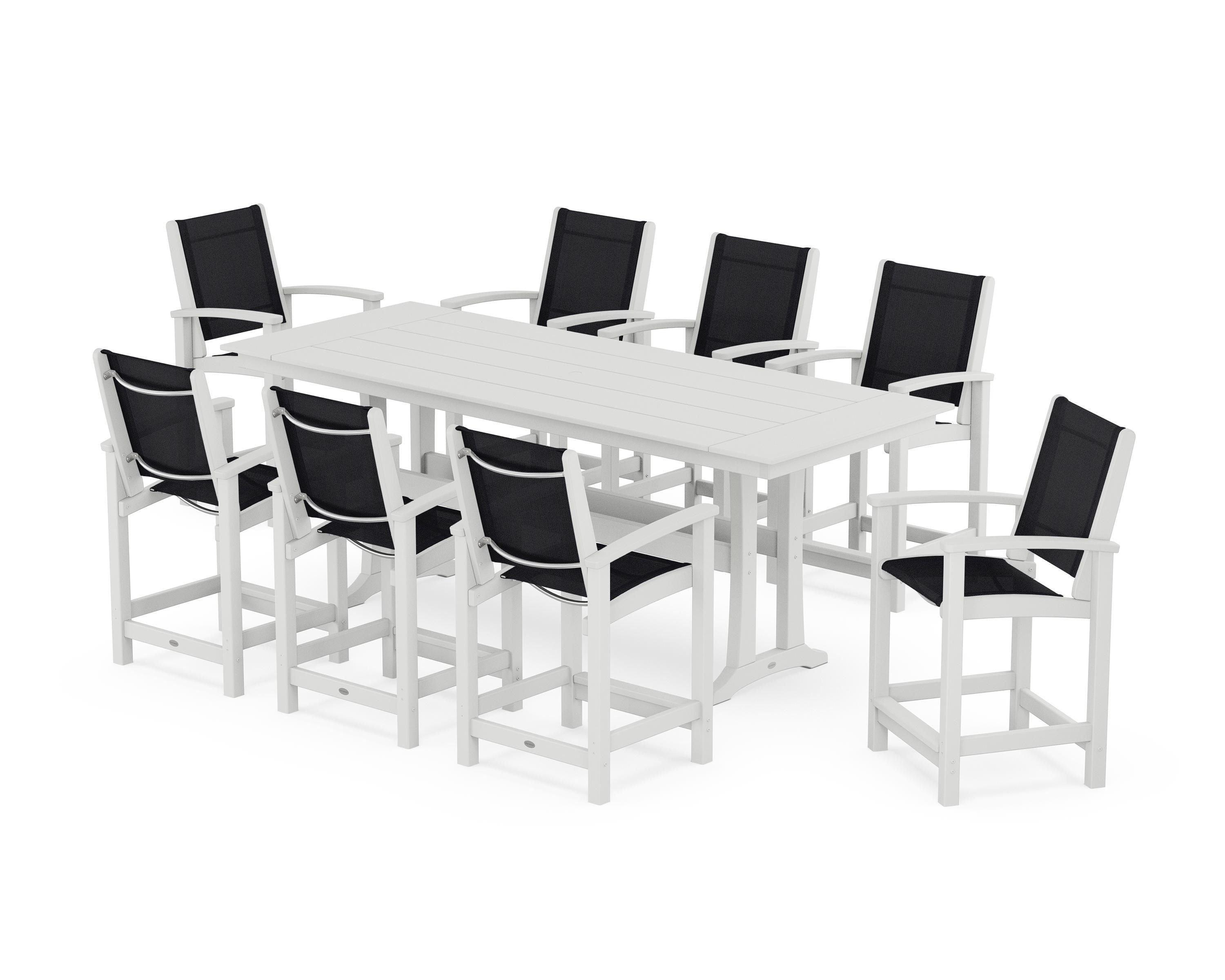POLYWOOD Coastal 9-Piece Farmhouse Counter Set with Trestle Legs in White / Black Sling