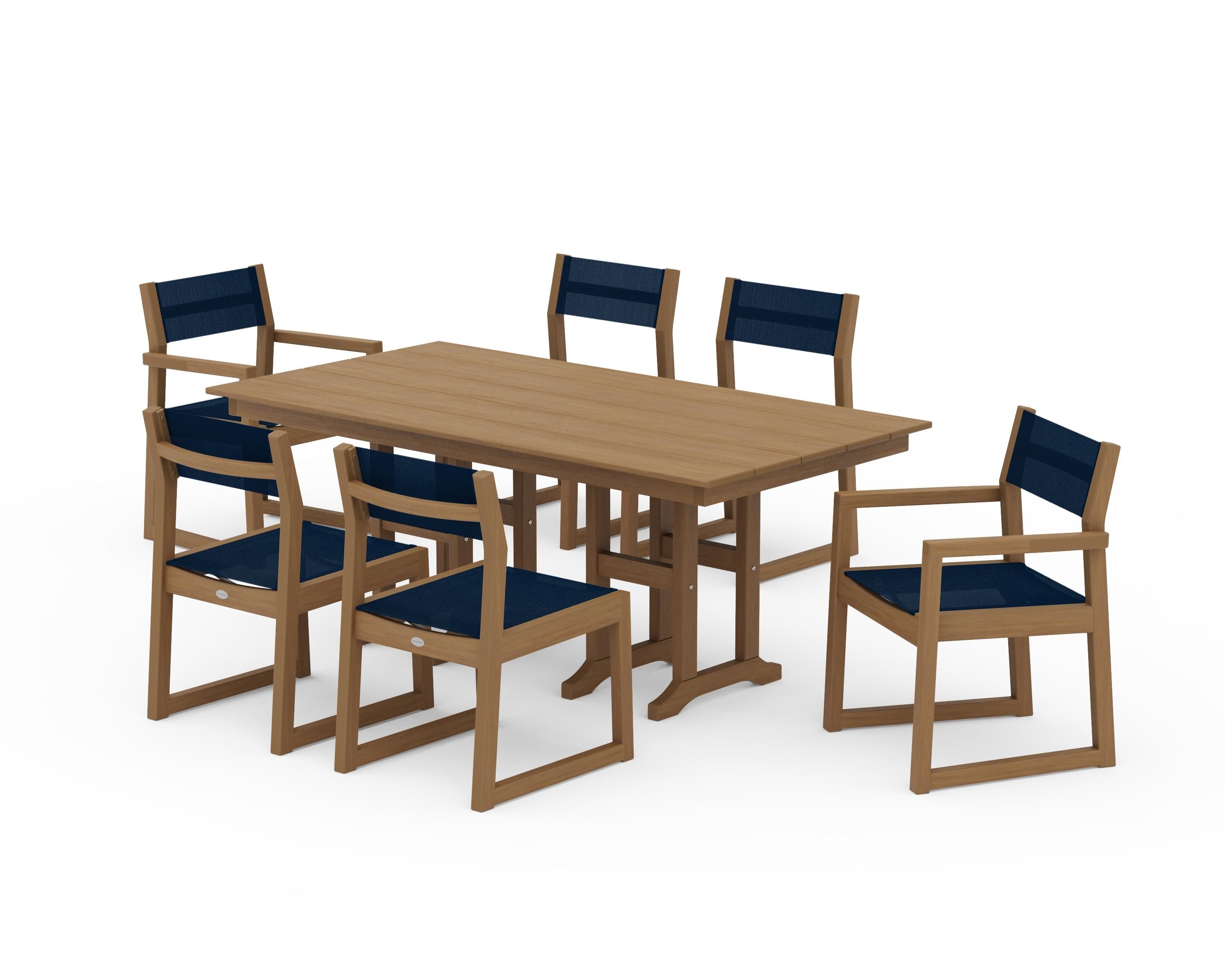 POLYWOOD EDGE Sling 7-Piece Farmhouse Dining Set in Natural / Navy Blue Sling