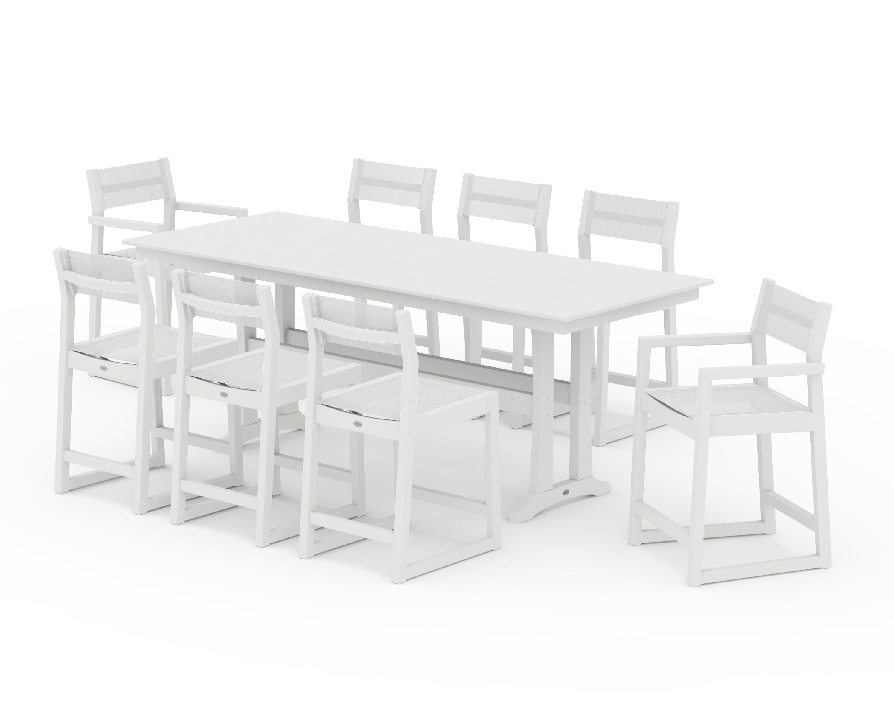 POLYWOOD EDGE Sling 9-Piece Farmhouse Counter Set with Trestle Legs in White / White Sling