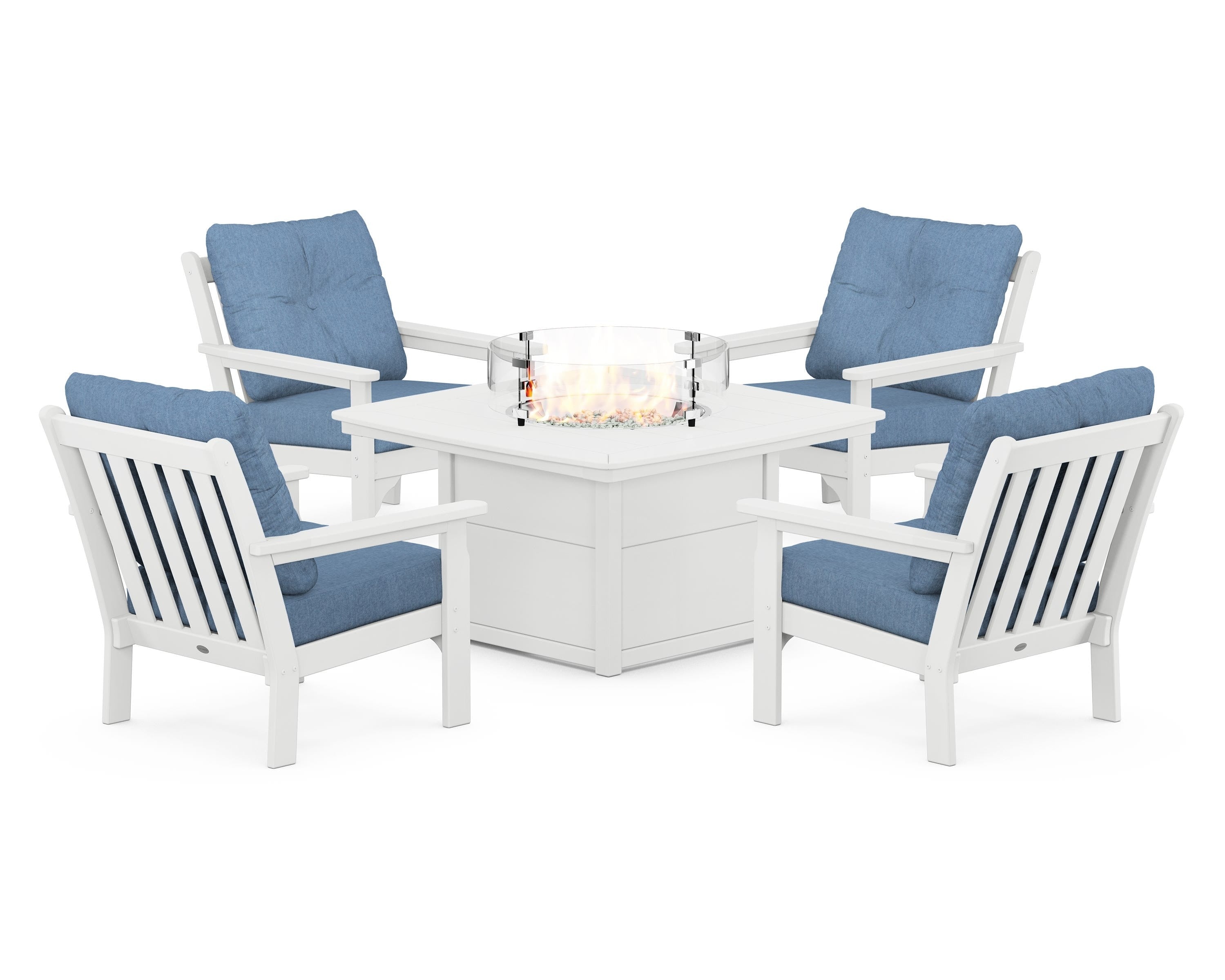 POLYWOOD Vineyard 5-Piece Conversation Set with Fire Pit Table in White / Sky Blue
