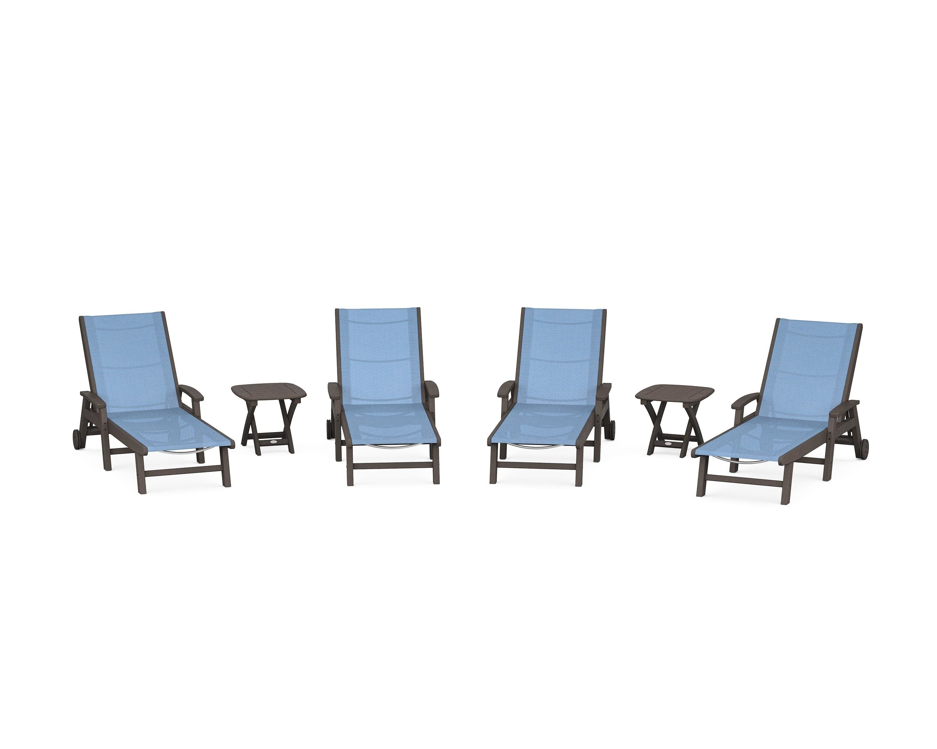 POLYWOOD Coastal Chaise 6-Piece Set with Wheels in Vintage Coffee / Poolside Sling