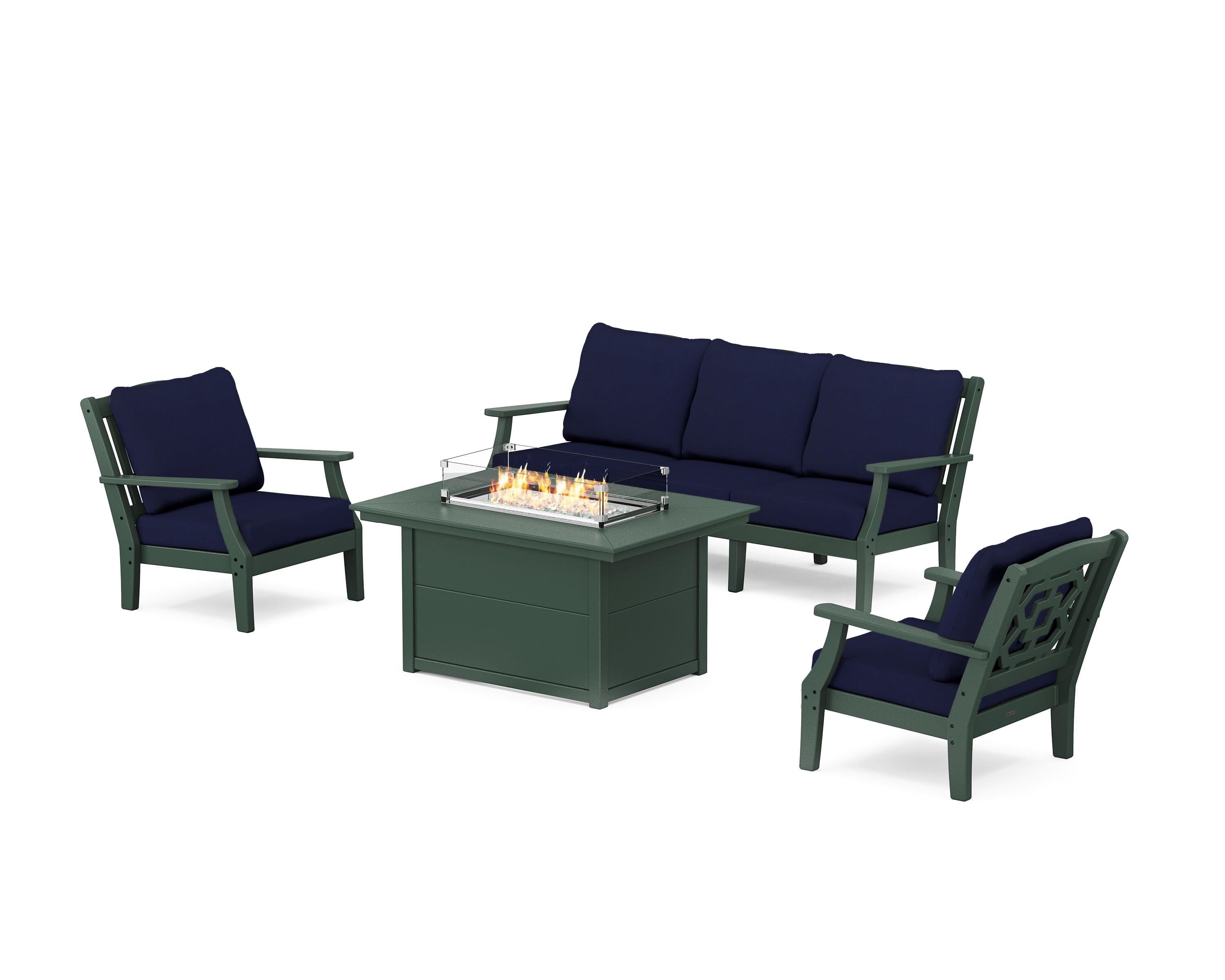 Martha Stewart by POLYWOOD Chinoiserie Deep Seating Fire Pit Table Set in Green / Navy