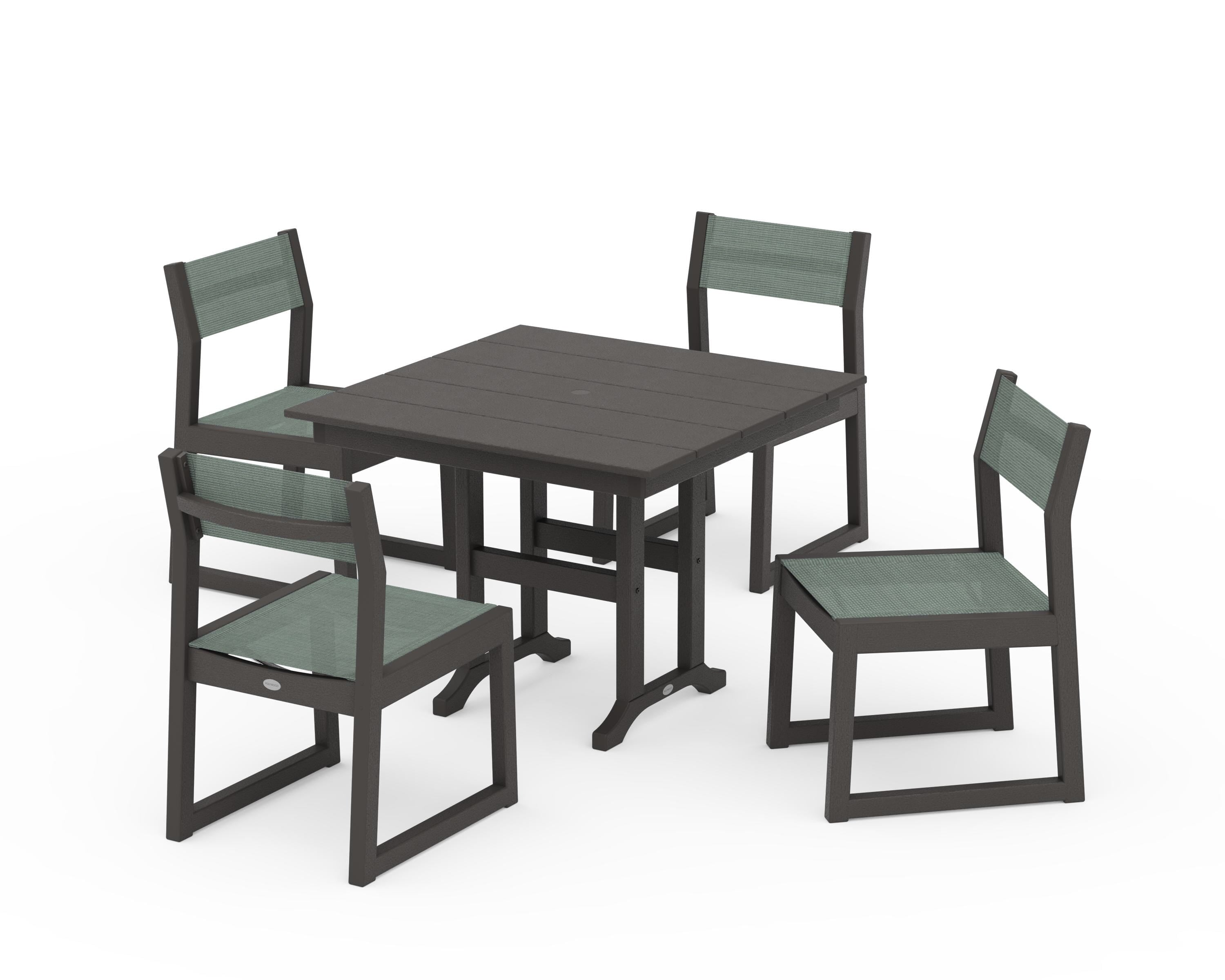 POLYWOOD EDGE Sling Side Chair 5-Piece Farmhouse Dining Set in Vintage Coffee / Dupioni Sea Mist Sling