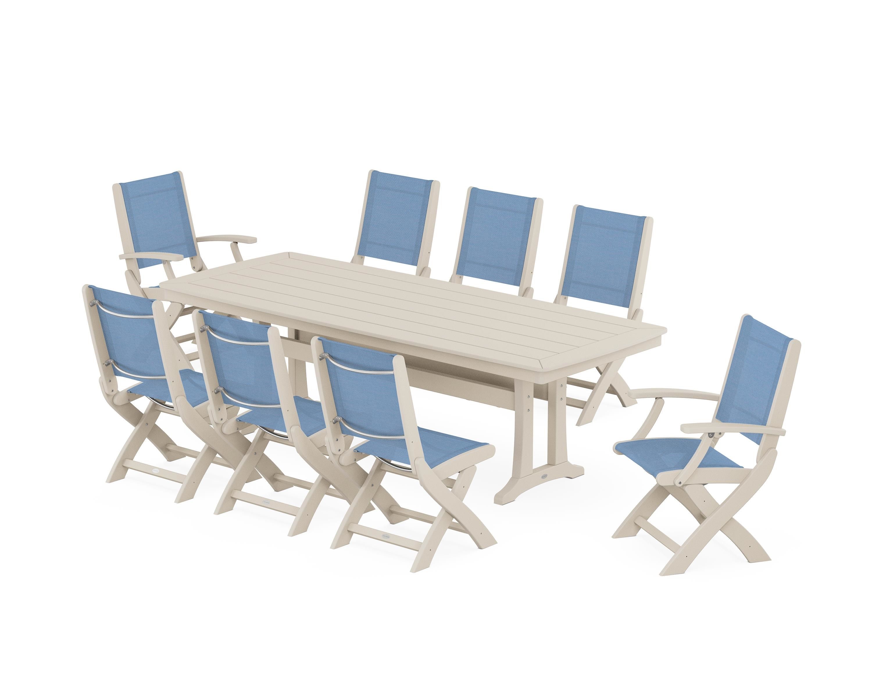 POLYWOOD Coastal Folding 9-Piece Dining Set with Trestle Legs in Sand / Poolside Sling
