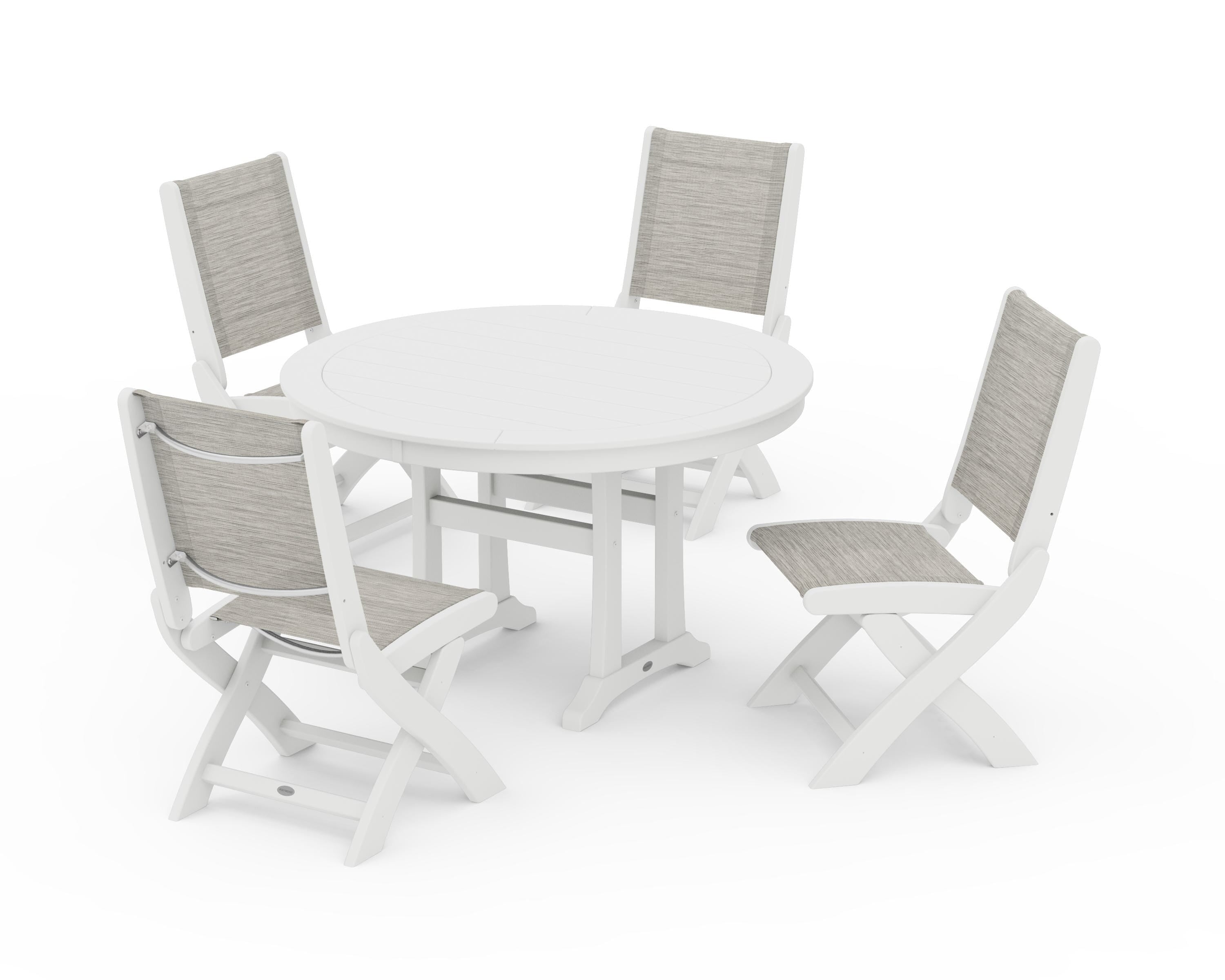POLYWOOD Coastal Folding Side Chair 5-Piece Round Dining Set With Trestle Legs in White / Birch Sling